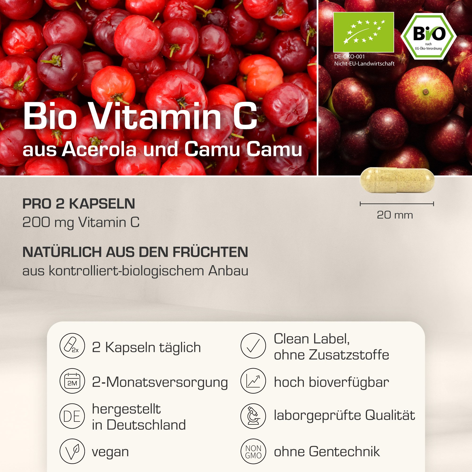 Purabyo BIO Vitamin C, direkt aus Bio Acerola und Bio Camu Camu, im Glas Kapseln, 1 er 120 St., 121 g