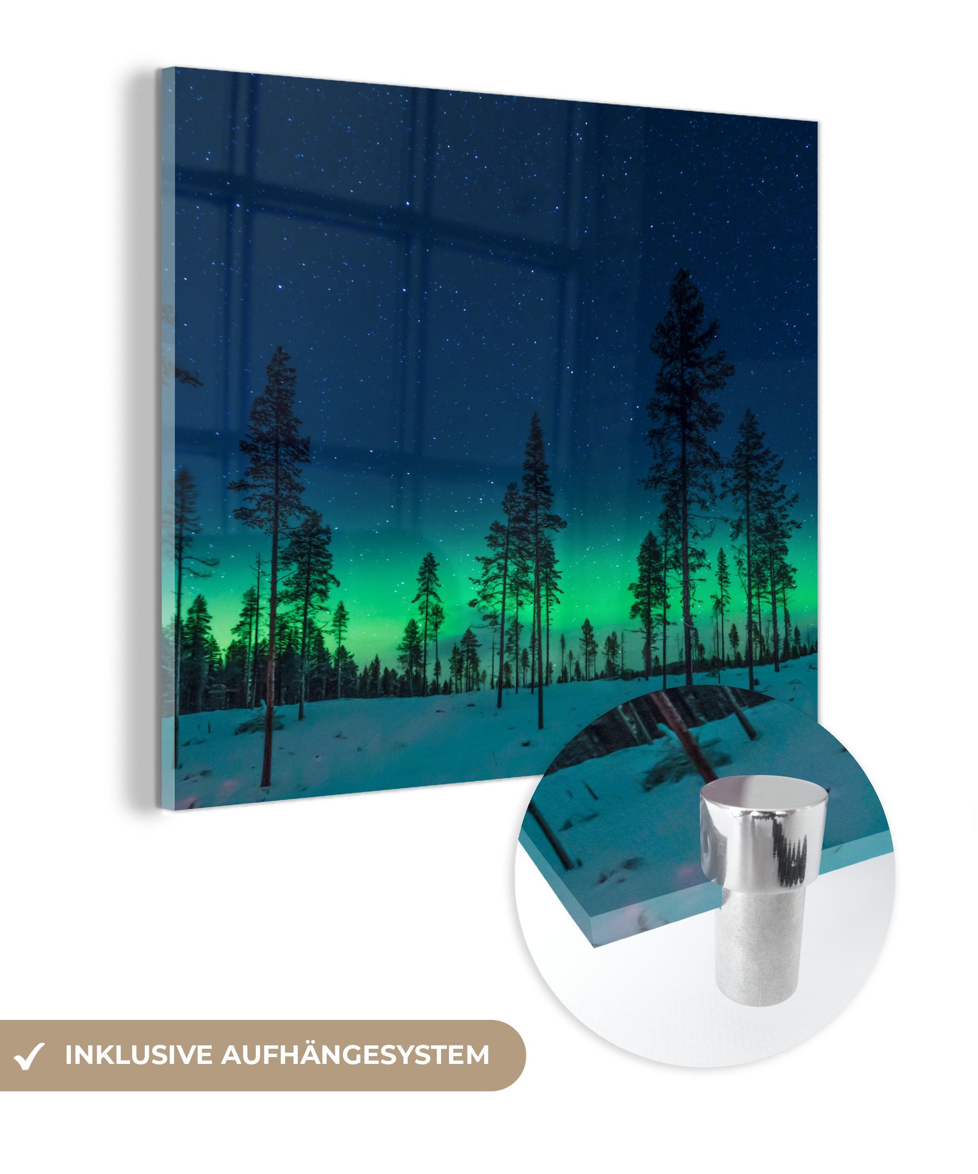 Neue Ankünfte dieser Saison! MuchoWow Acrylglasbild Nordlicht - - - Bäume Wanddekoration - Glas (1 Foto Wandbild Bilder bunt - St), auf Grün, Glas auf - Natur - Schnee Glasbilder