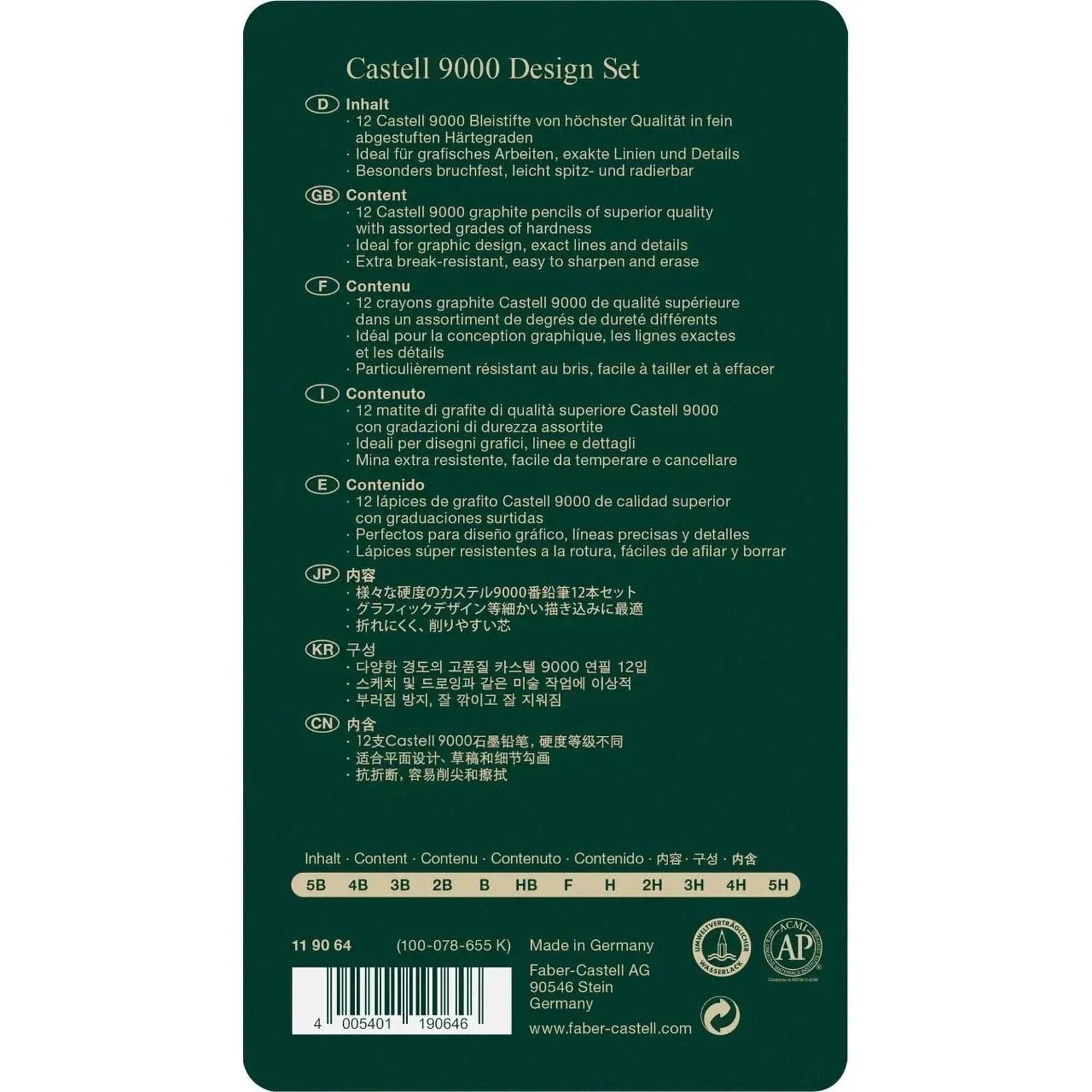 Faber-Castell Bleistift Castell 9000 Bleistift, (Design Set, 12-tlg), 12er Metalletui