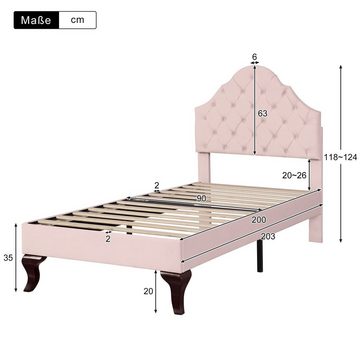 Flieks Polsterbett, Samt Einzelbett mit höhenverstellbarem Kopfteil 90x200cm rosa