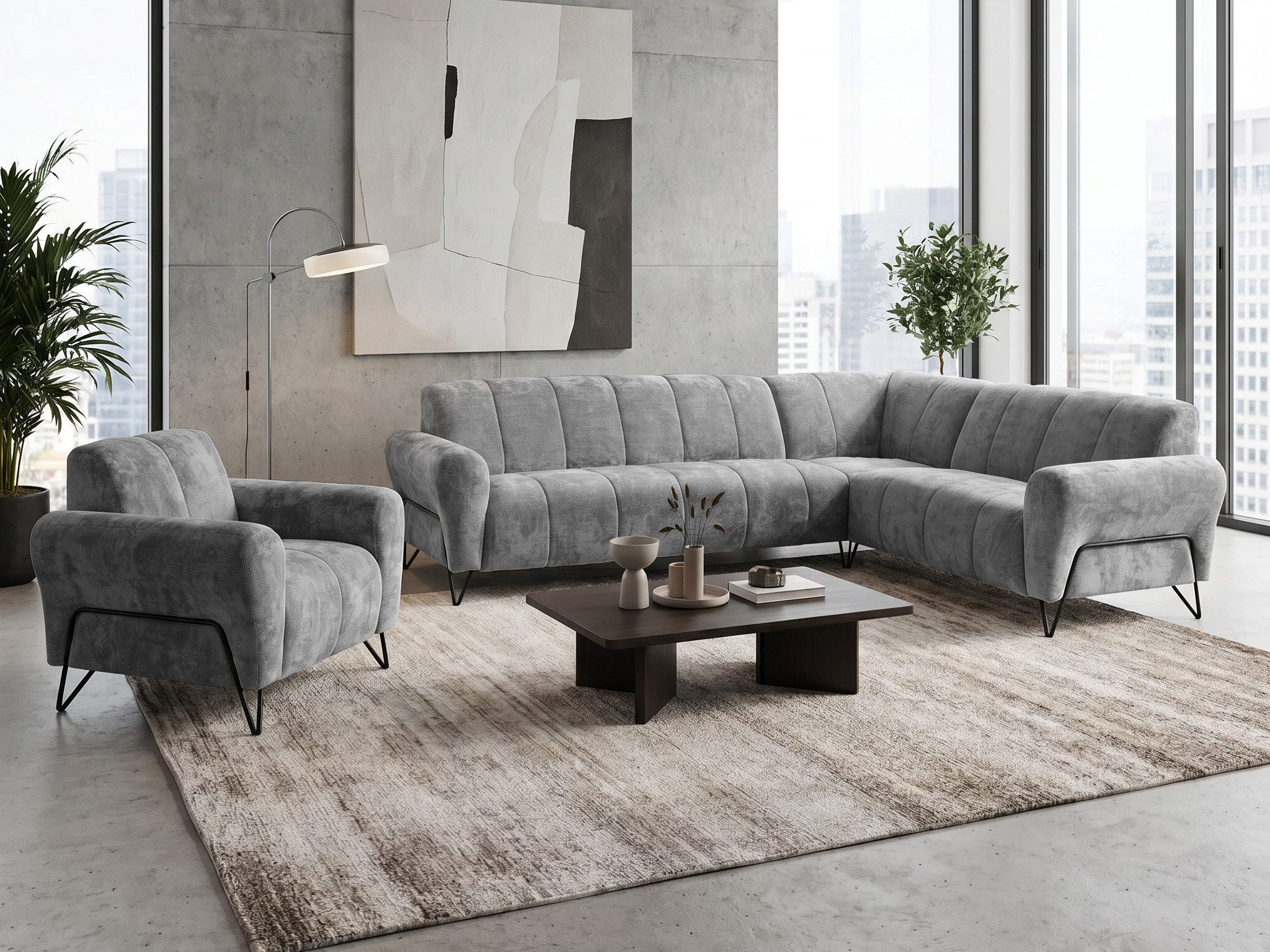 Beautysofa Polstergarnitur im modernen Stil auf hohen Metallbeinen VOLARE, (Sofagarnitur aus Chenille-Stoff, Beige Grau, Ecksofa L + Sessel Set moderne Couchgarnitur), HR-Schaum, Wellenfederung, freistehend