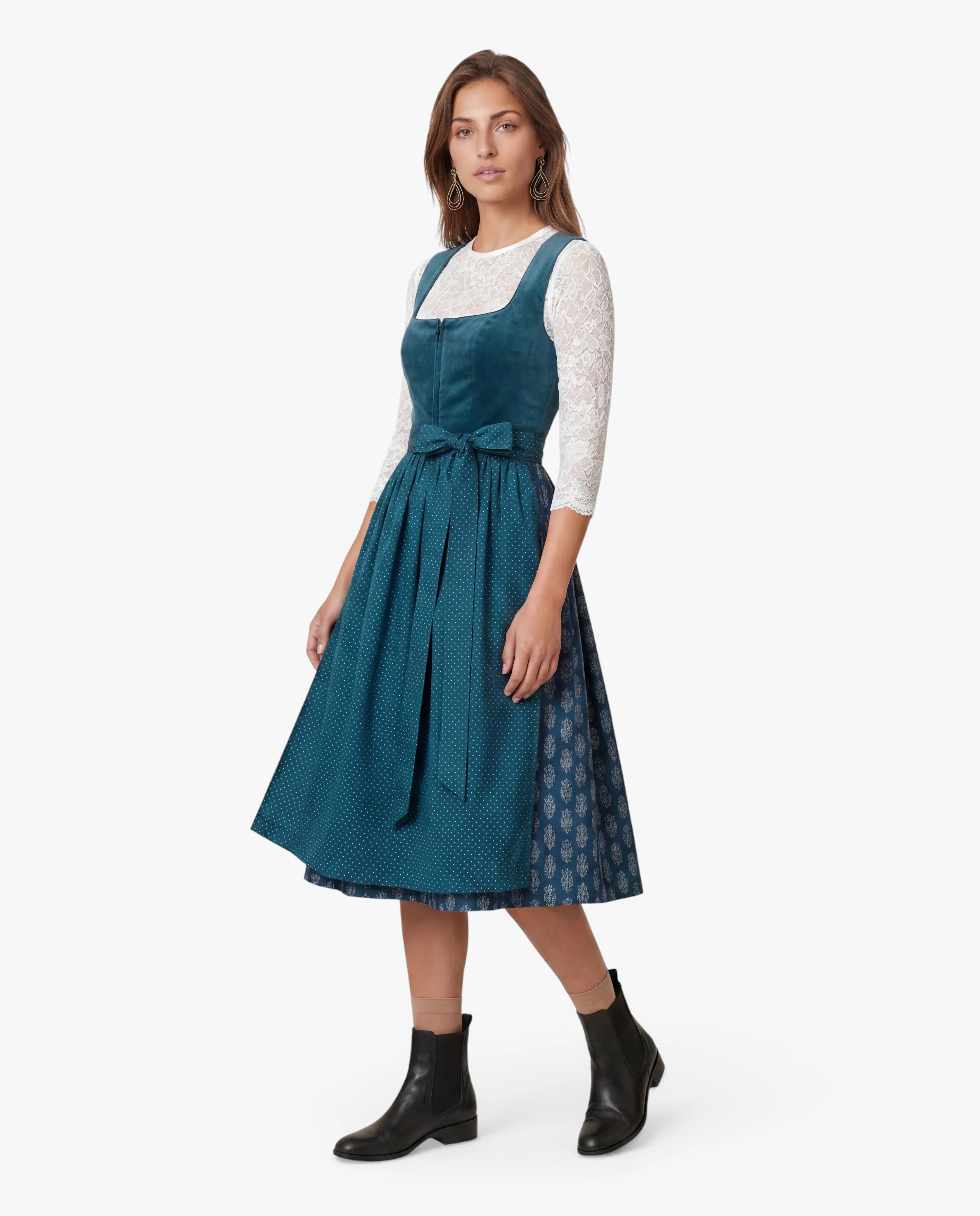 Ramona Lippert Dirndl Samy Samtdirndl Farbe petrol Kleid und Schürze Rocklänge 65 cm