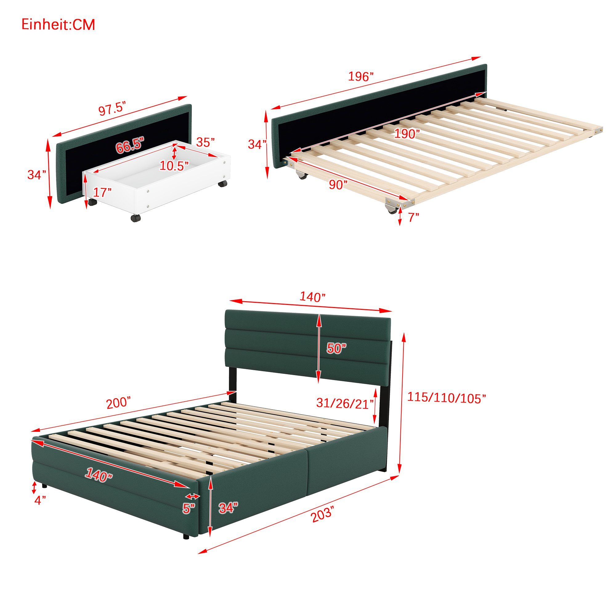 BlingBin Polsterbett Familie), Bettbreite Geeignet (1-tlg., Doppelbett mit für zwei dreiköpfige Schubladen 140+90CM, eine Räummaschine, Grün Familienbett