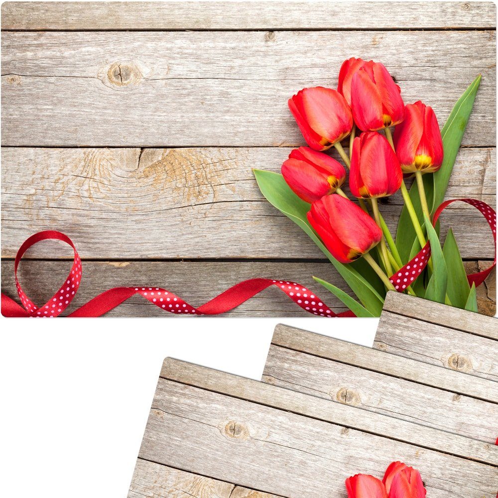 Platzset Abwaschbare Tischsets 4er Set Tulpen Blumen & Holz-Optik