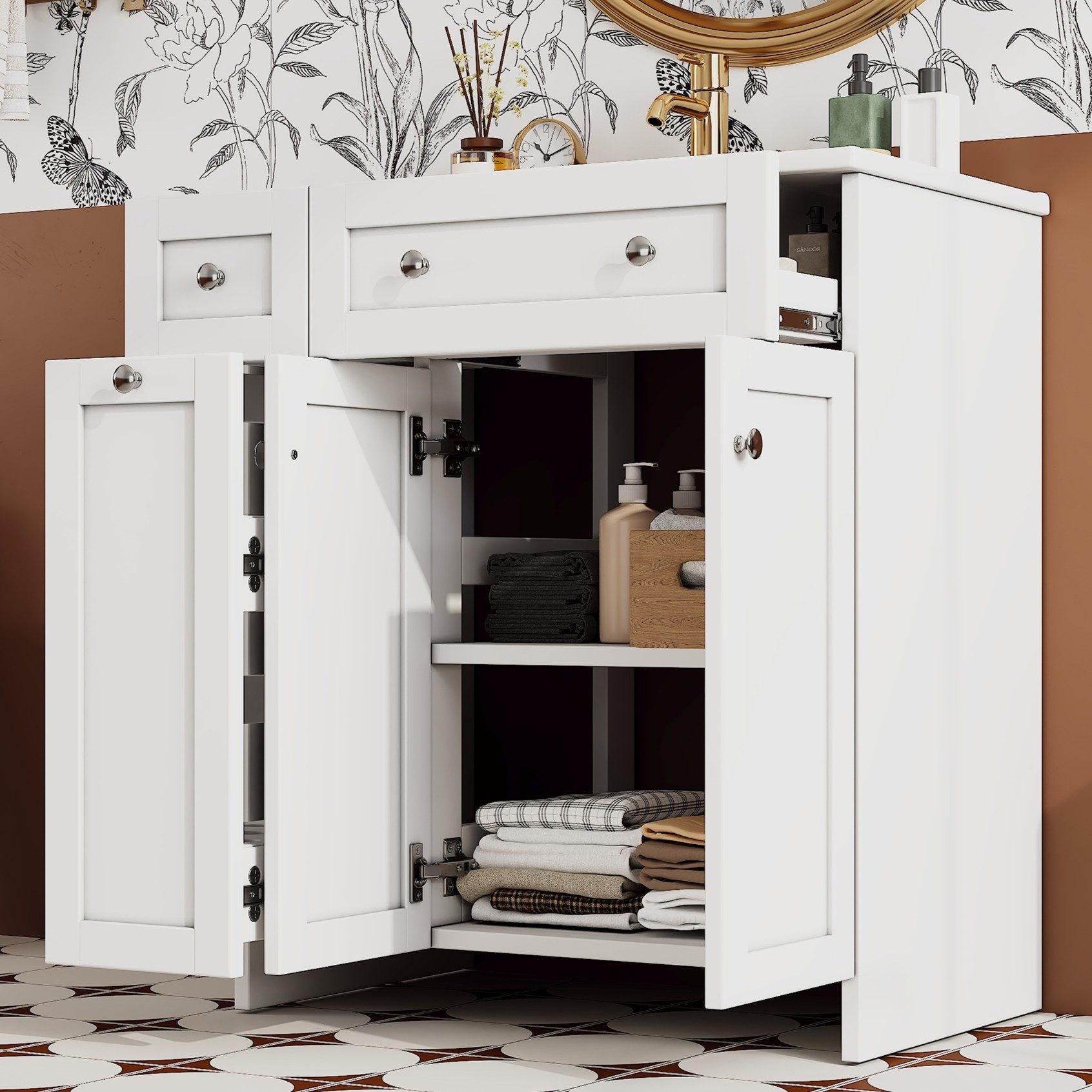 Flieks Waschtisch mit ausziehbarer Ablagen Waschbeckenunterschrank mit Waschbecken (B76/T47/H86 cm, 1-St., bodenstehend, Badschrank Waschplatz Badzimmer, lackie – Bild 3 von 5