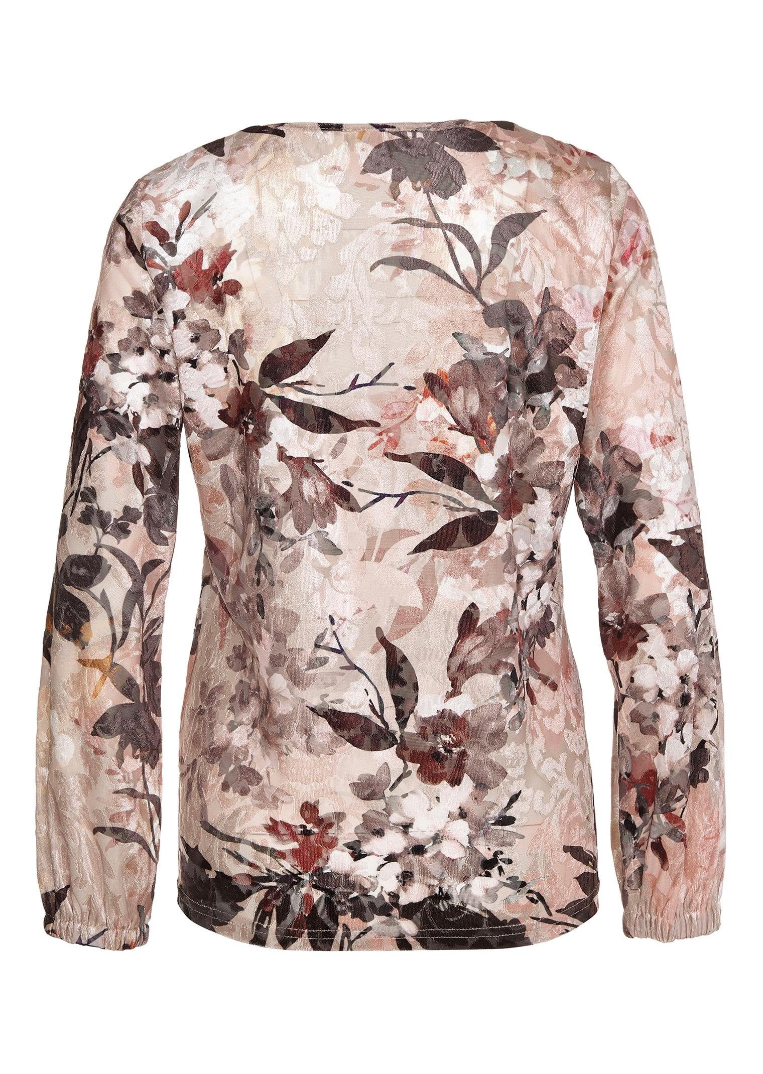 floralem Print-Shirt Druck Samtshirt mit GOLDNER Glänzendes