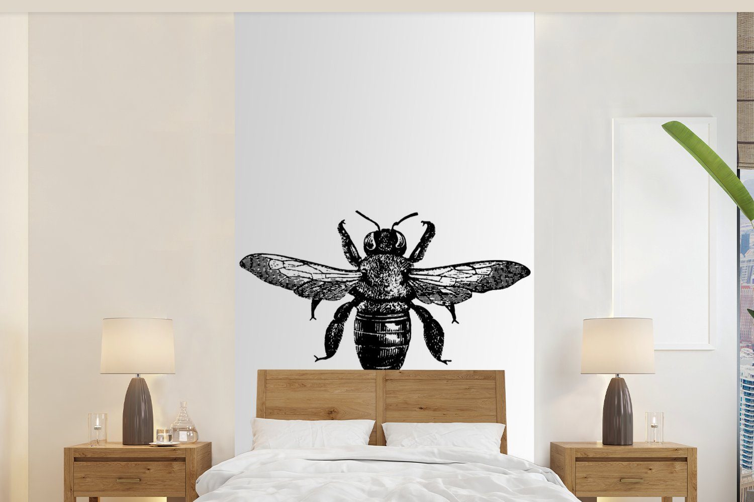 MuchoWow Fototapete und Wohnzimmer (2 für St), weiß, Vintage Biene Vliestapete Insekt Matt, Schwarz Schlafzimmer - bedruckt, Küche, - Fototapete 