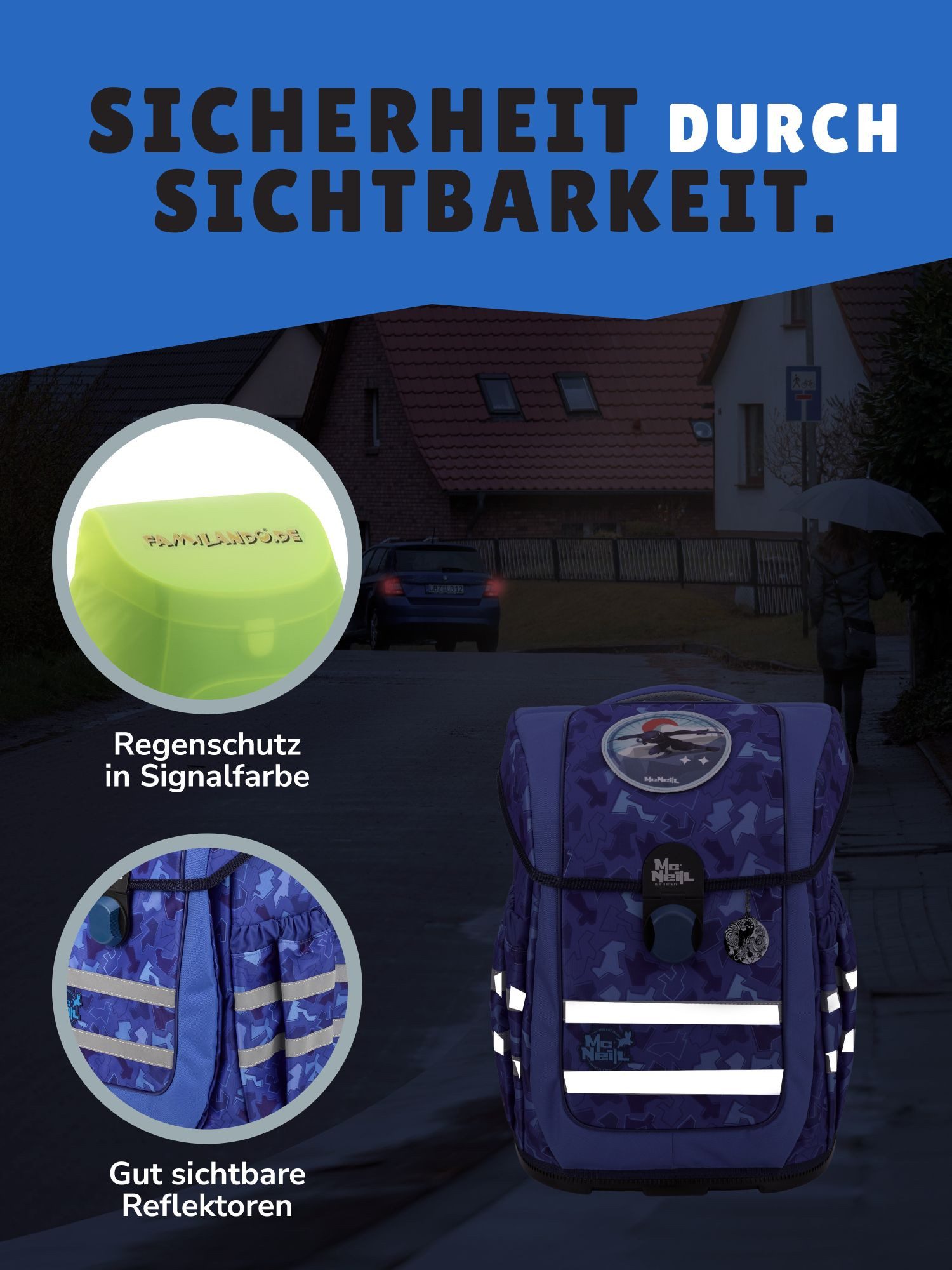 McNeill Schulranzen Ergo Complete "Puzzle" Ninja Schultasche Blau ab der 1. Klasse (Set, 9-tlg., inkl. Federmappe und Sporttasche), ergonomisch, mit Brustgurt,  – Bild 4 von 5