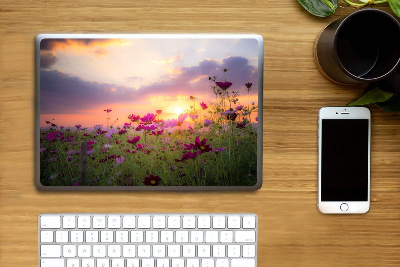 Thumbnail - MuchoWow Laptop-Aufkleber Sonnenuntergang - Blumen - Rosa - Natur - Grün, (1tlg), Laptop Folien Cover, Aufkleber, Sticke...