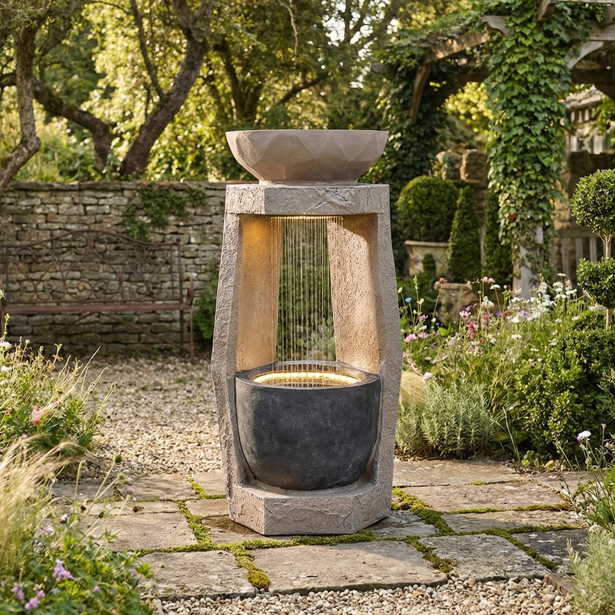KLAM HOME Gartenbrunnen Warmes Beige Gartenbrunnen mit LED & Wasserpumpe, (Dekoratives Wasserspiel mit Naturstein-Optik), Stilvolle Deko für Garten, Terrasse & Wohnraum