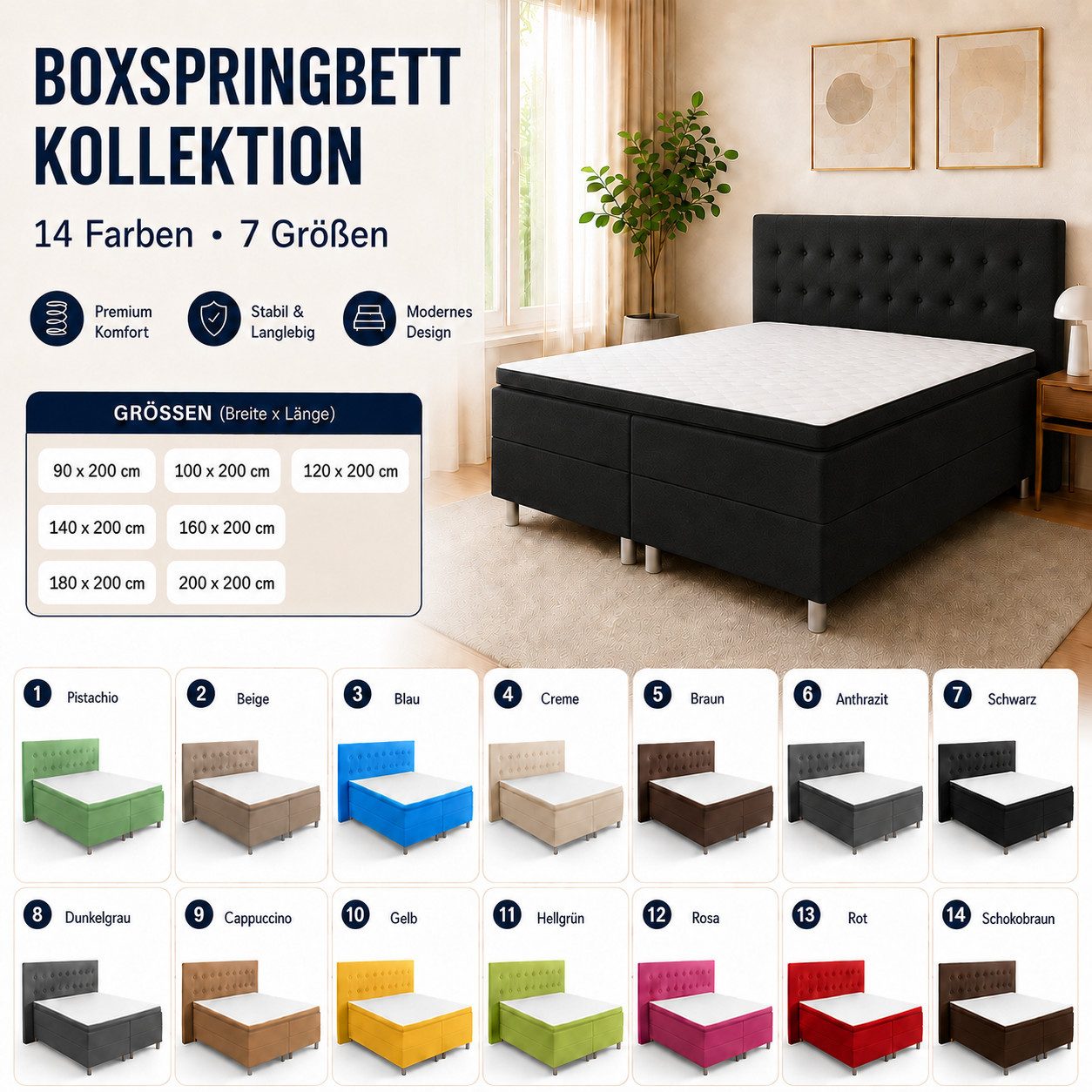 Best for Home Boxspringbett Neo Boxspring bett – 7-Zonen Bonnell Matratze mit Topper, Schwarz (Komplettbett, 6-St., 140x200 160x200 180x200 200x200 cm), TOP Pre – Bild 5 von 5