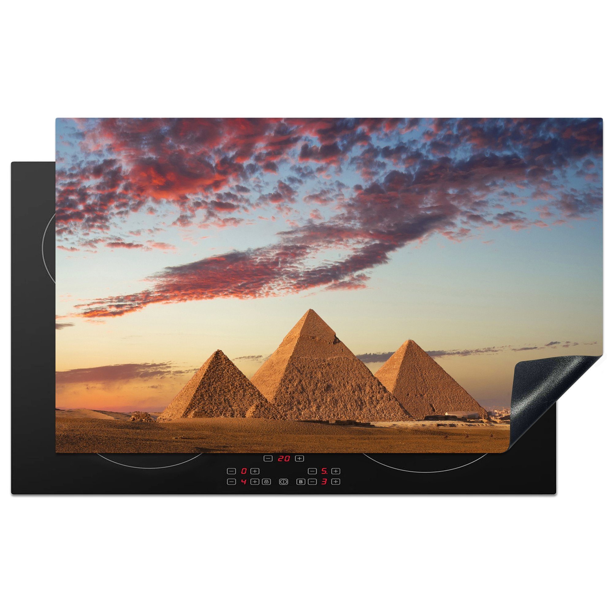 MuchoWow Herdblende-/Abdeckplatte Ein Sonnenuntergang bei den Pyramiden von Gizeh, Vinyl, (1 tlg), 83x51 cm, Ceranfeldabdeckung, Arbeitsplatte für küche