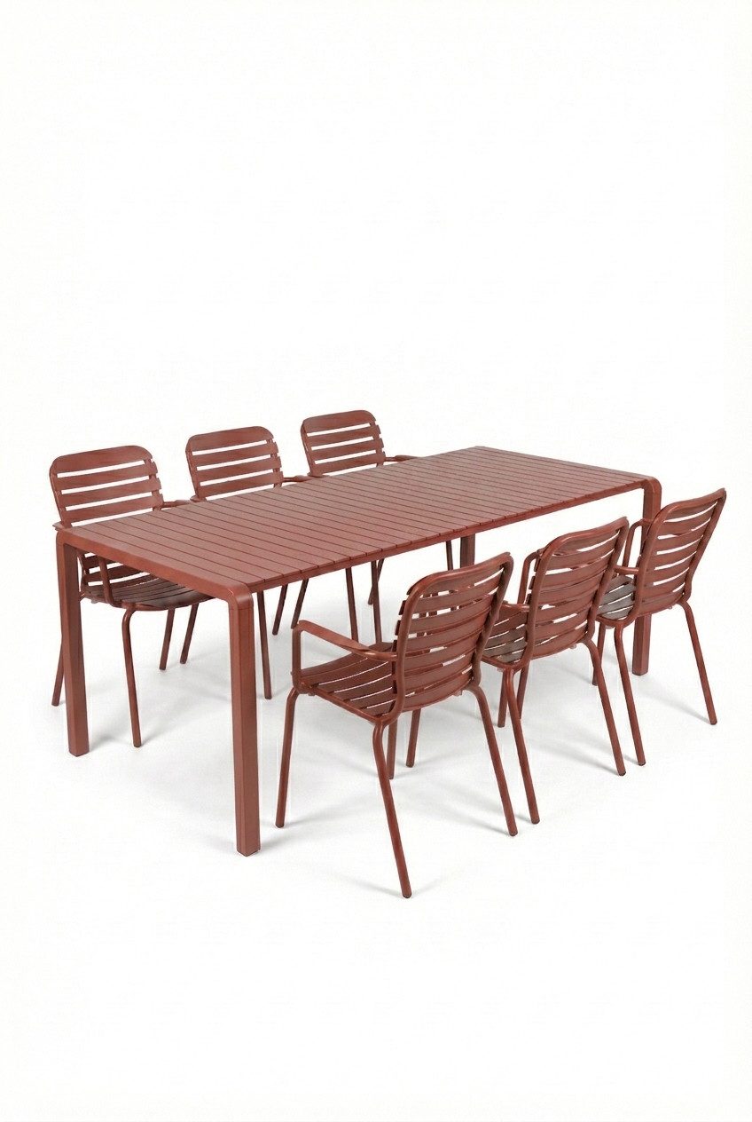 Zuiver Esstisch Esstisch Vondel 214 cm Gartenmöbel-Set mit 6 Armlehnstühlen in Rot