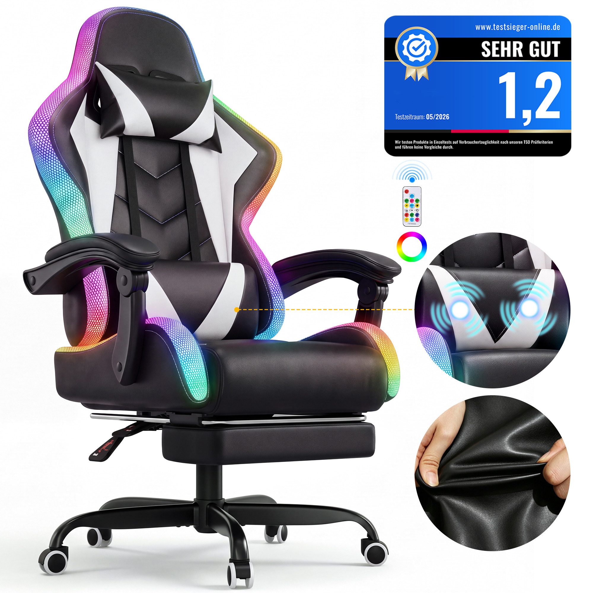HOMALL Gaming-Stuhl mit LED,Ergonomisch,Fußstütze,computerstuhl,gaming stuhl mit massage (Die LED-Beleuchtung ist einstellbar, das Massagekissen für den Rücken ist beweglich), Ergonomischer Bürostuhl,Kopfstütze und Lendenstütze