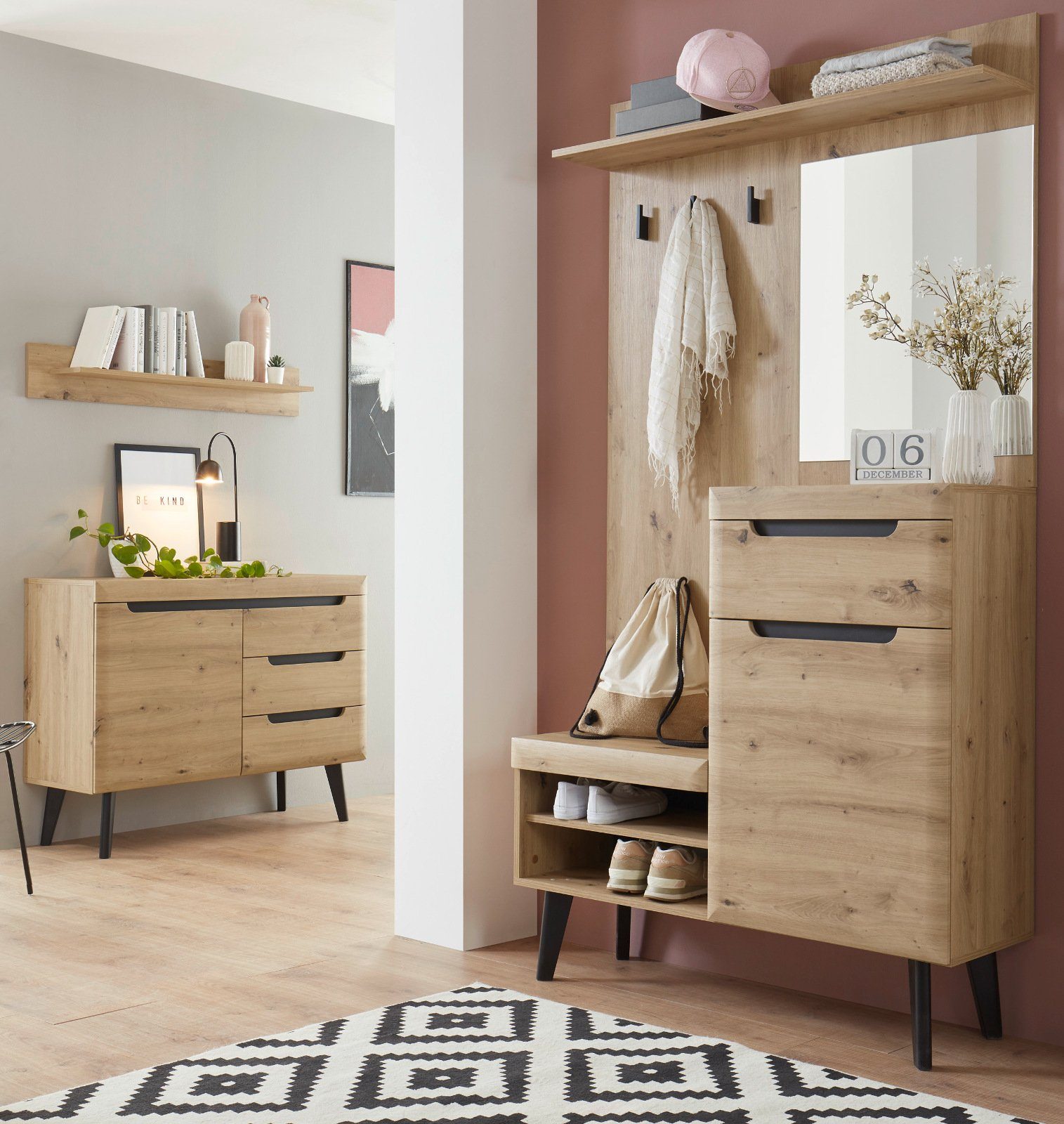 Furn.Design Kompaktgarderobe Ronson (Garderoben-Set 3-teilig in Eiche Artisan, inklusive Garderobe, Kommode und Wandregal) Komplett-Set