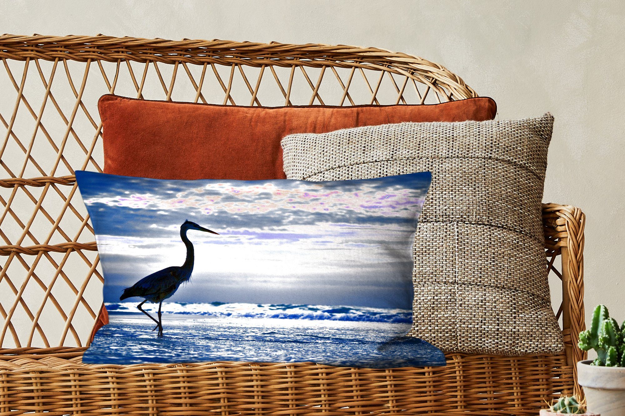 Kranich Zierkissen, einem Füllung, von Ein Dekokissen Schlafzimmer Strand, Dekokissen Dekoration, MuchoWow Bild Wohzimmer mit am