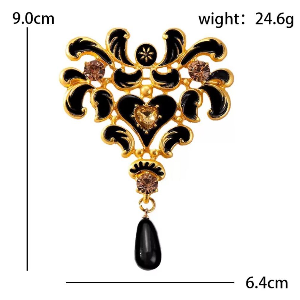 Dark-Desires Brosche Barocke vintage Ornament-Brosche Schwarz-Gold 9 cm, Damen Brosche vintage Accesssoire retro Anstecknadel