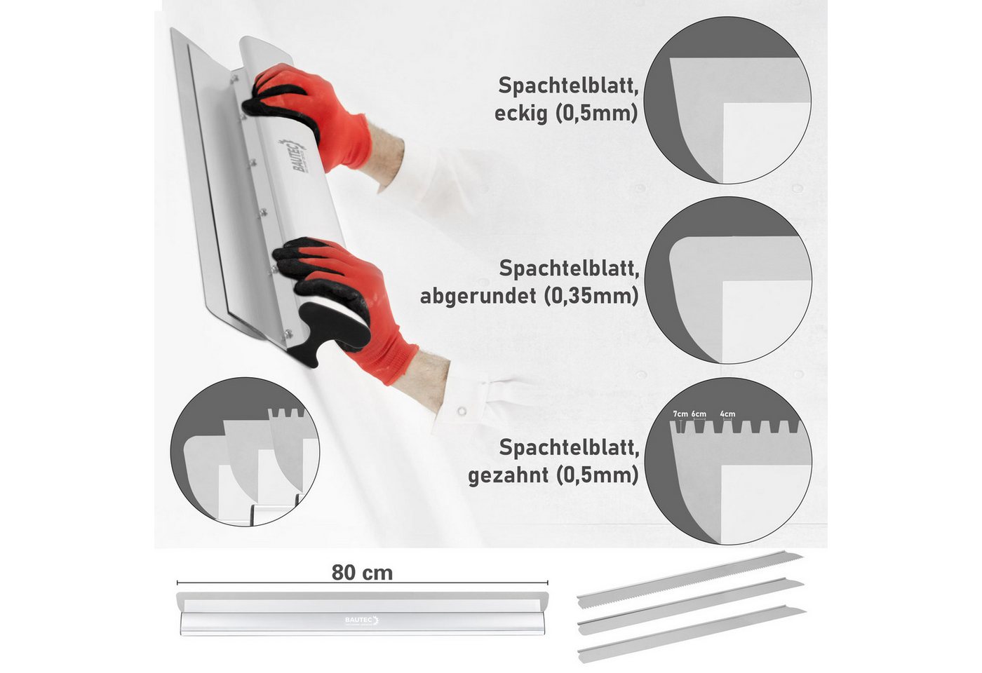 Thumbnail - BAUTEC Flächenspachtel 80 cm » Profi-Set inkl. 3 verschiedene Wechselblätter aus Edelstahl (Kombi-Set)