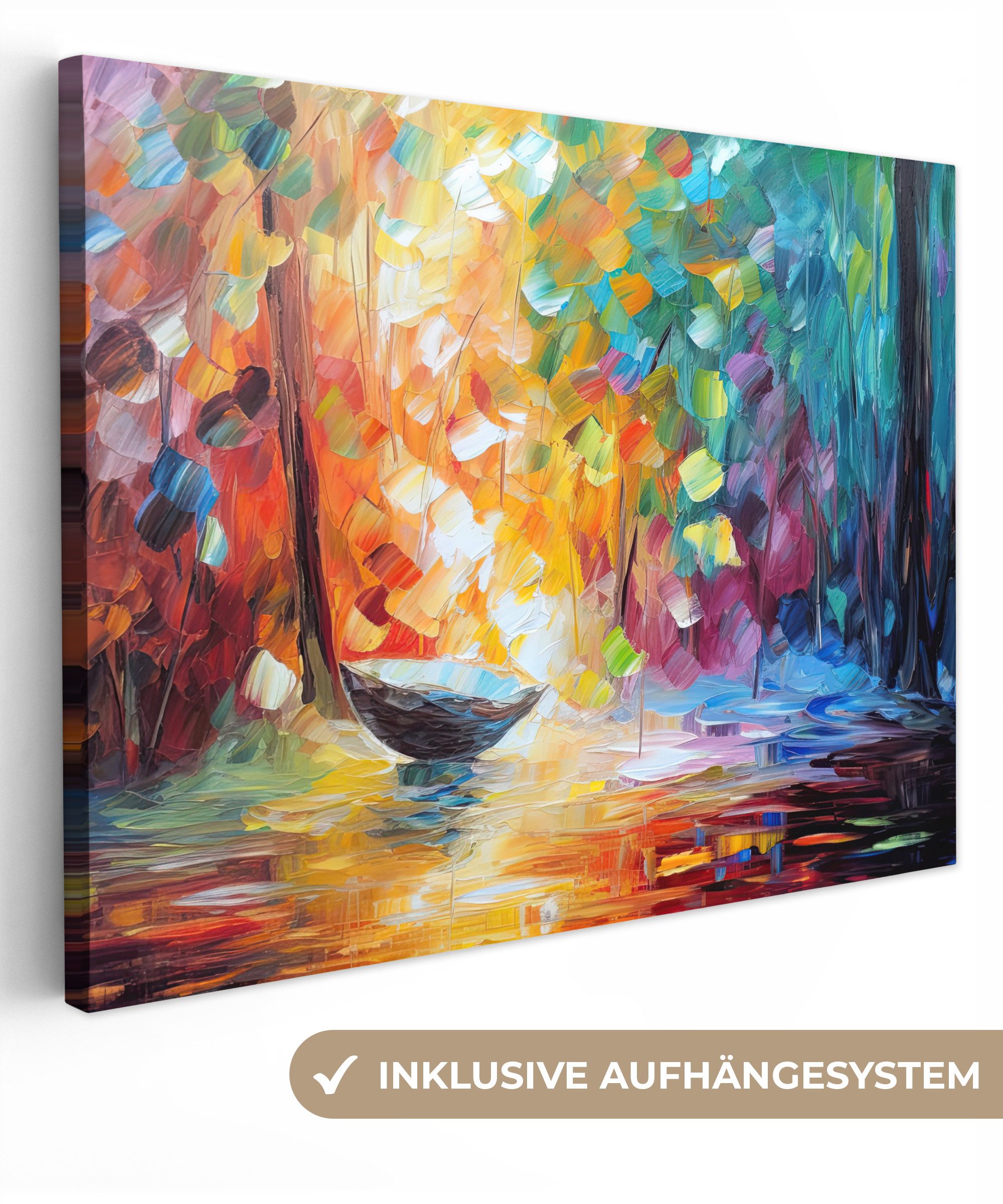 OneMillionCanvasses® Leinwandbild Bunt - Ölfarbe - Wasser - Boot, Fotodruck (1 St), Wandbild Leinwandbilder, Aufhängefertig, Wanddeko 40x30 cm