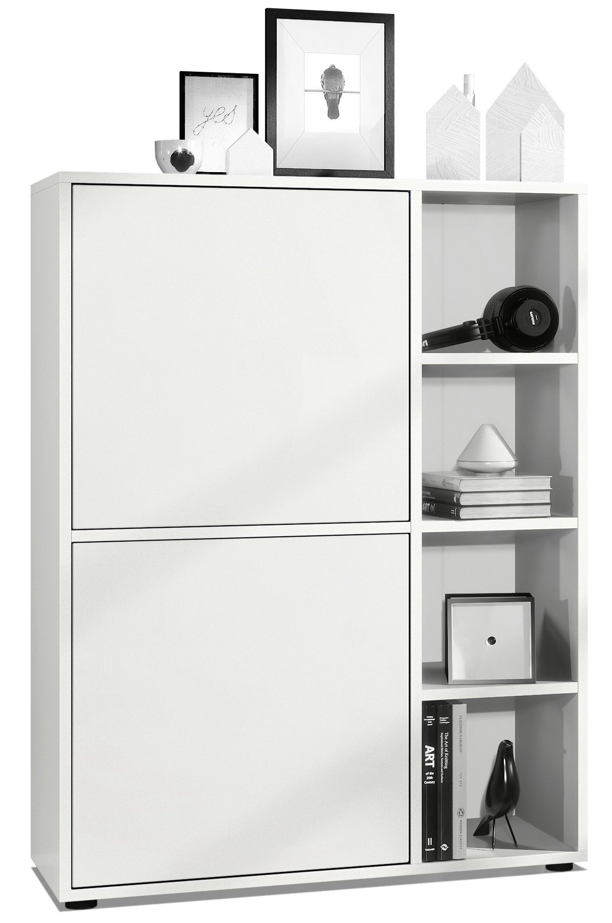 Vladon Highboard Cuba (Anrichte, mit 2 Türen und 4 offene Fächer), Weiß matt/Weiß matt (79 x 105,5 x 35,5 cm)