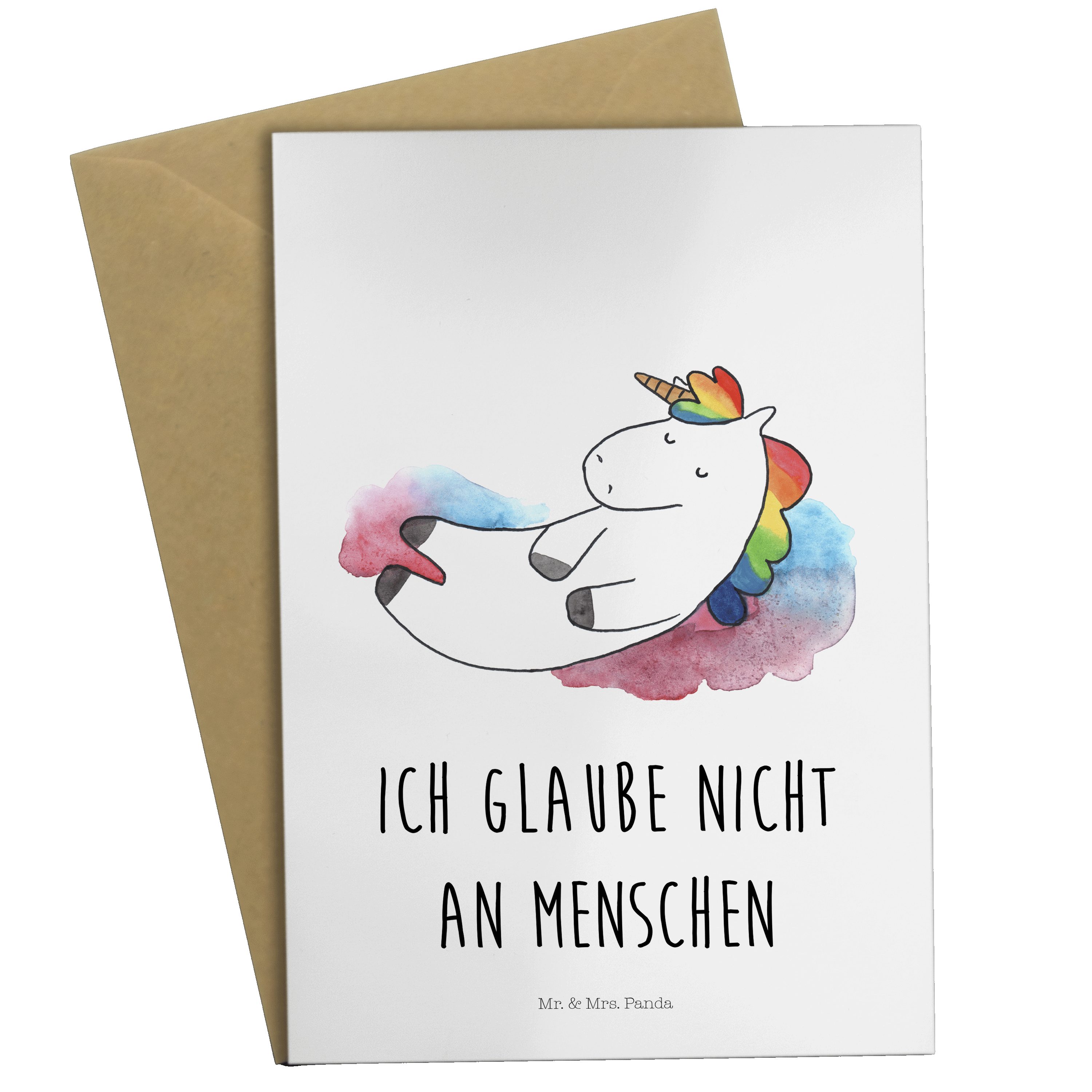 Mr. & Mrs. Panda Grußkarte Einhorn Wolke 7 - Weiß - Geschenk, Glückwunschkarte, Klappkarte, Geb
