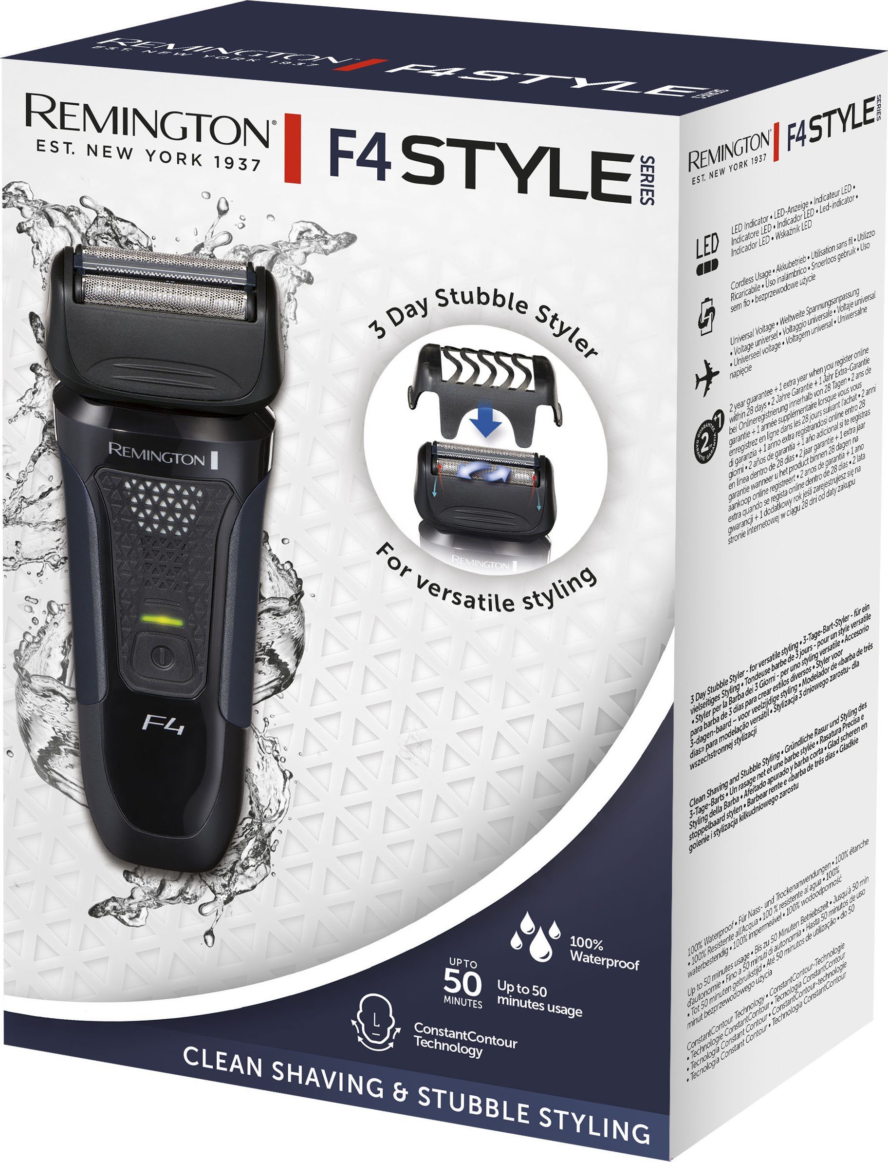 Remington Elektrorasierer F4002 Style Series Foil Shaver F4, Aufsätze: 1, integrierter Präzisionstrimmer, +3-Tage Bart-Aufsatz/Schutzkappe, Detailschneider, 100% wasserdicht
