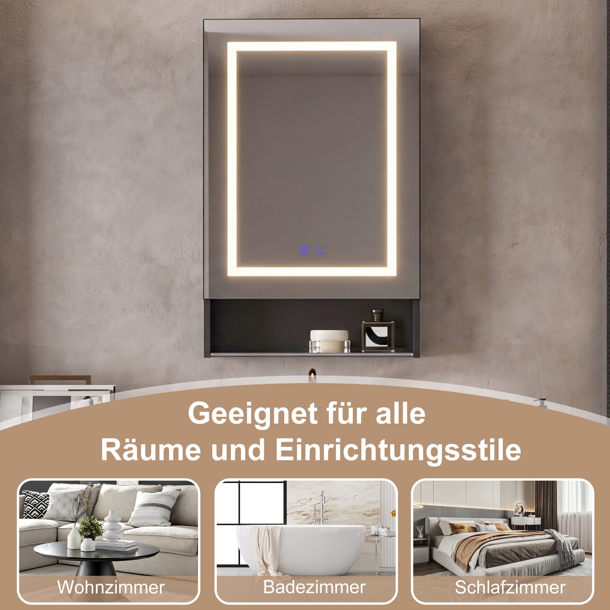 Gdood Badezimmerspiegelschrank Spiegelschrank LED Hängeschrank Wandschrank (1-St., Einstellung der warmen und kalten Farbtemperatur 3000/4500/6400K) inkl. LED-B – Bild 4 von 5