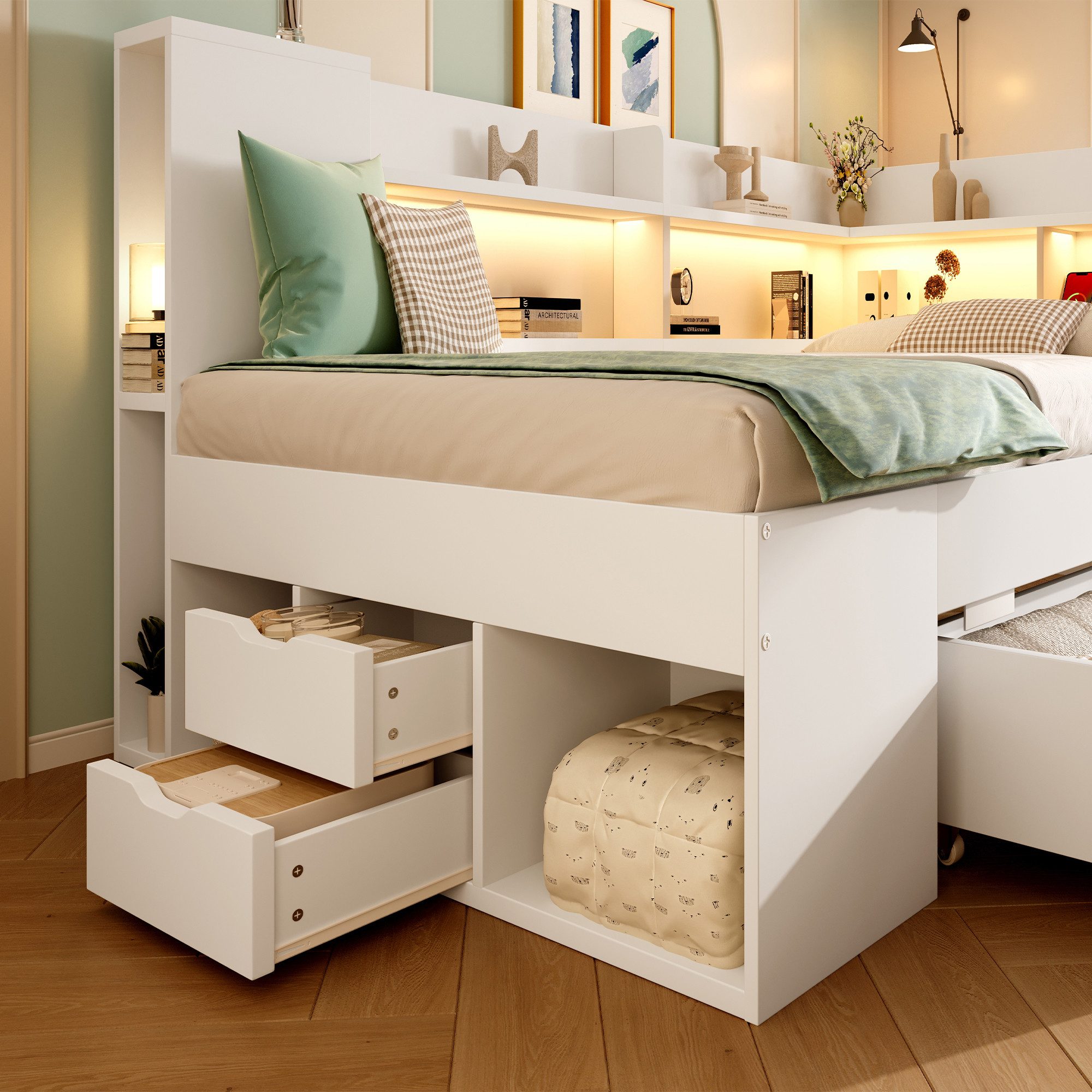 Flieks Daybett, Holzbett 90x200cm mit USB&Typ-C, LED, Stauraumregal und Schublade