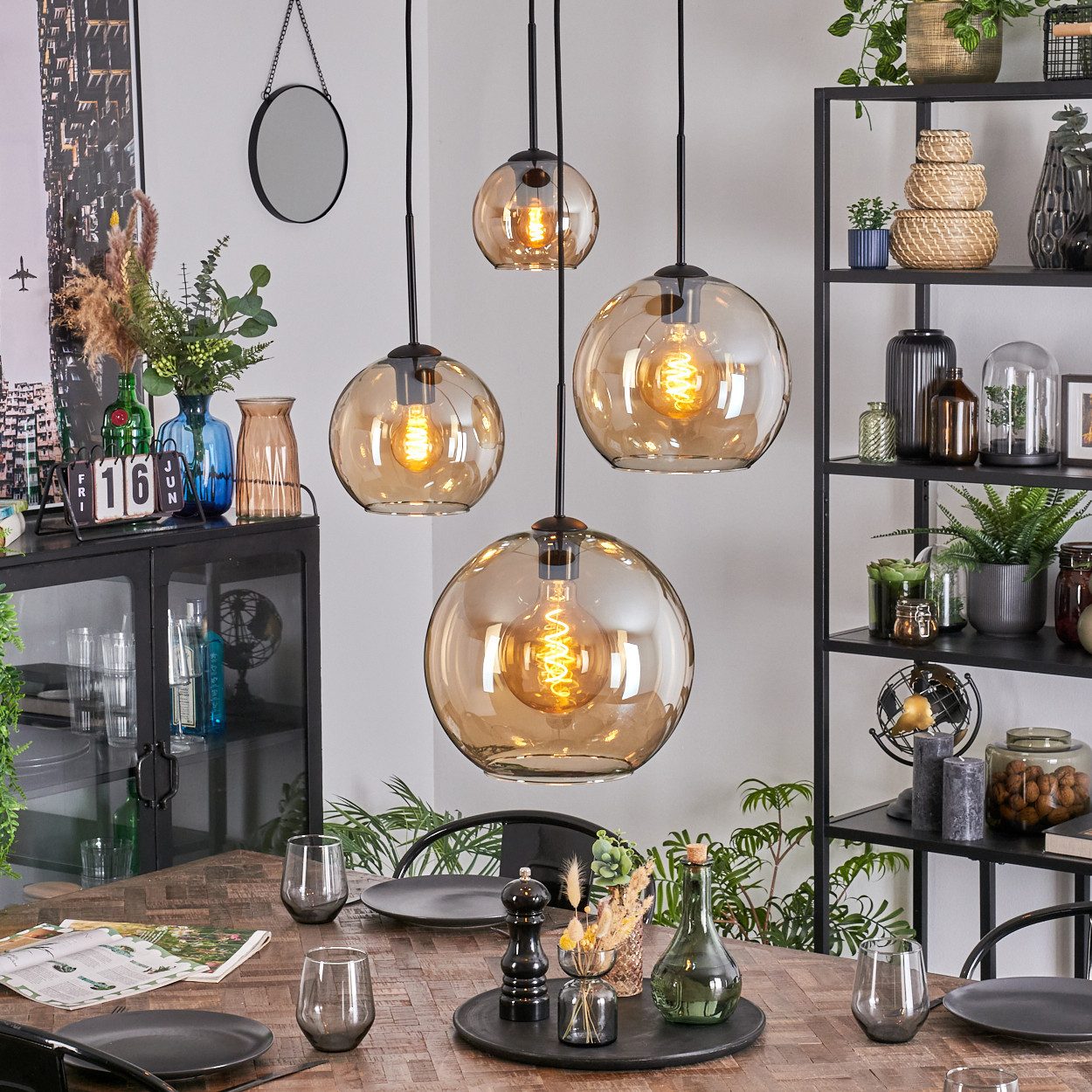 hofstein Hängeleuchte Hängelampe aus Metall/Glas in Schwarz/Bernsteinfarben, Hängeleuchte im Retro/Vintage-Design (15; 20; 25; 30 cm), 4 x E27