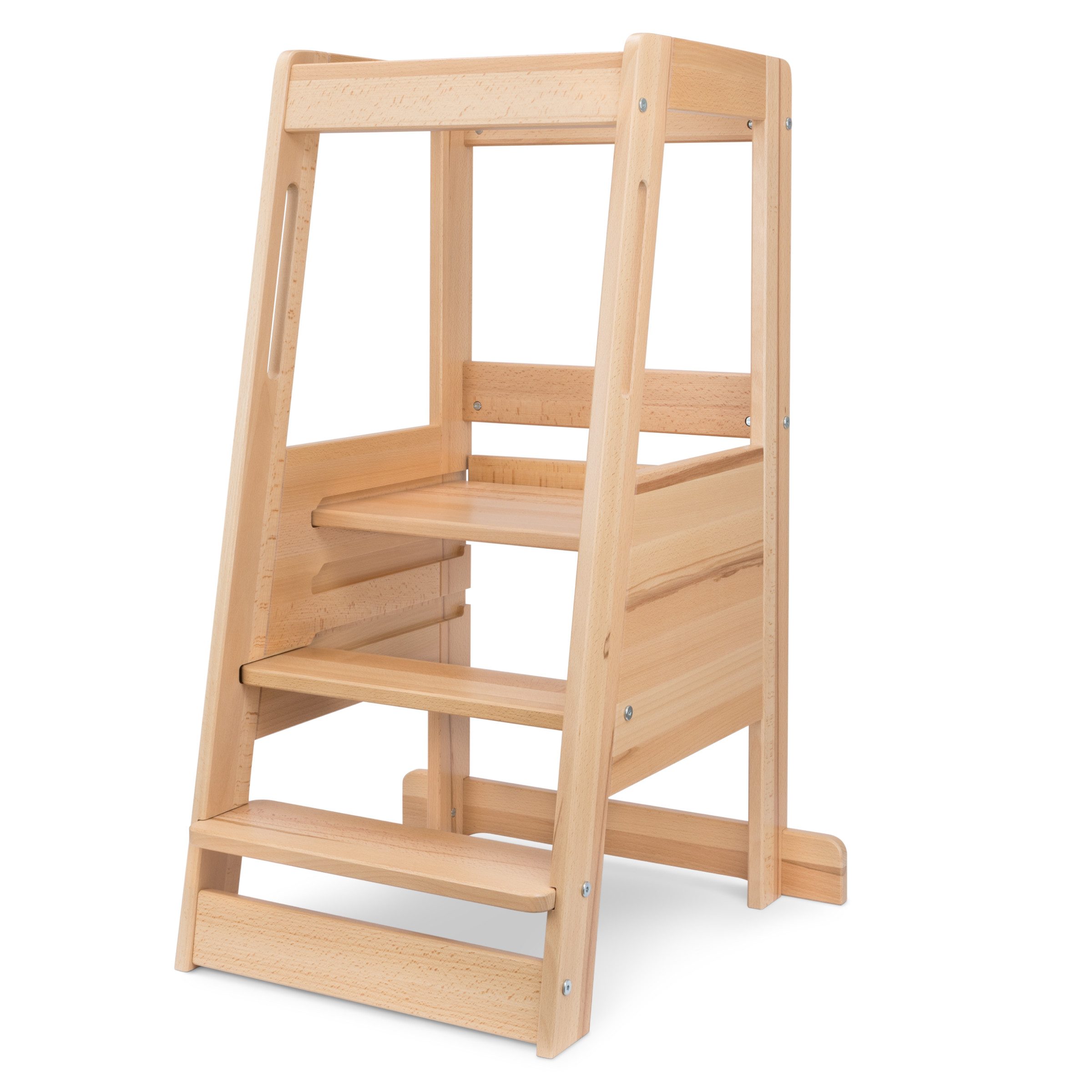 Ehrenkind Stehhilfe Lernturm mit extra Kleinkindstufe, Montessori Tritthocker für Kinder (Buche transparent lackiert, 3-fach höhenverstellbarer Standfläche), geeignet ab ca. 12 Monaten, sobald das Kind sicher stehen kann