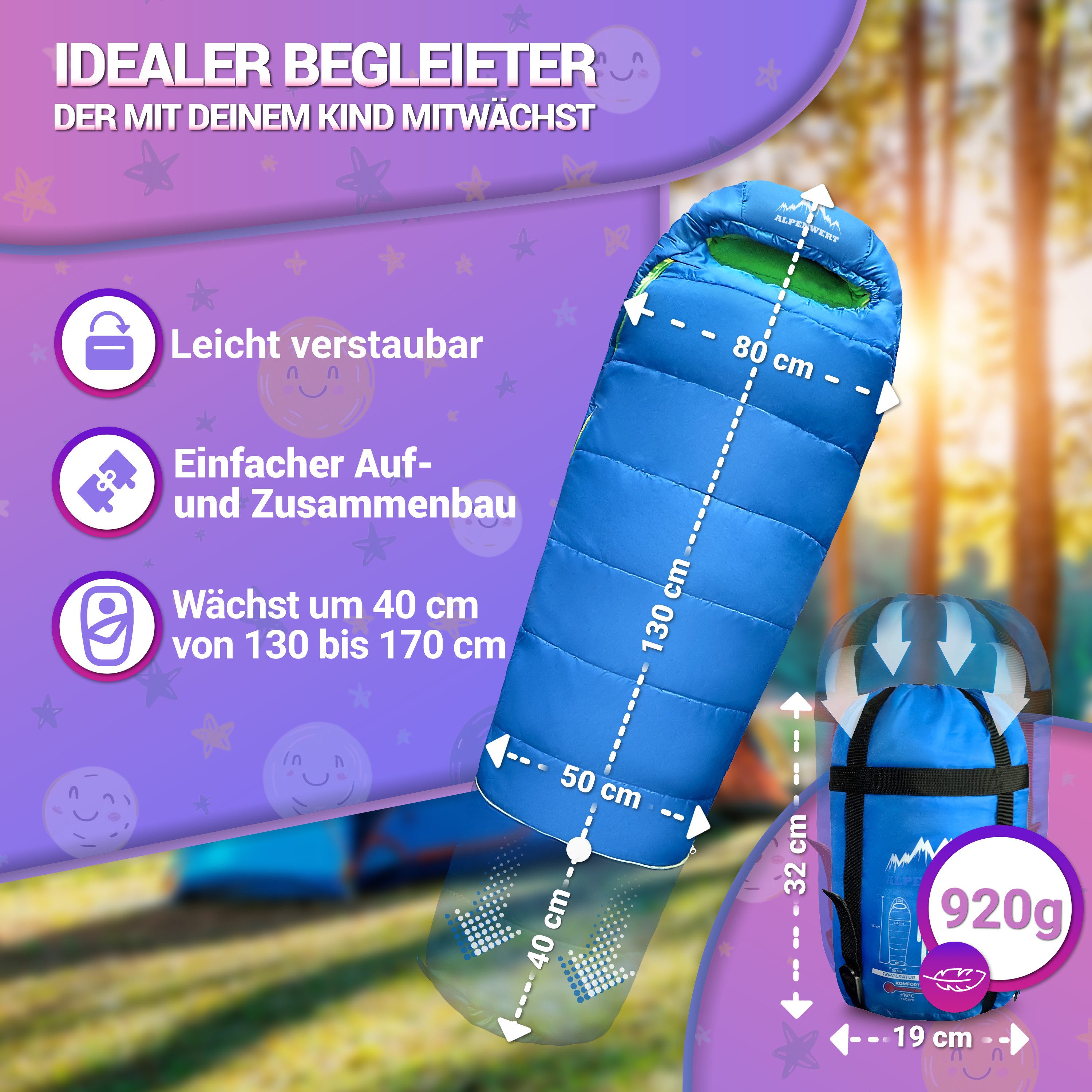 Alpenwert Kinderschlafsack Ultraleicht 130-170cm – Outdoor, wasserabweisend & kompakt, mitwachsend