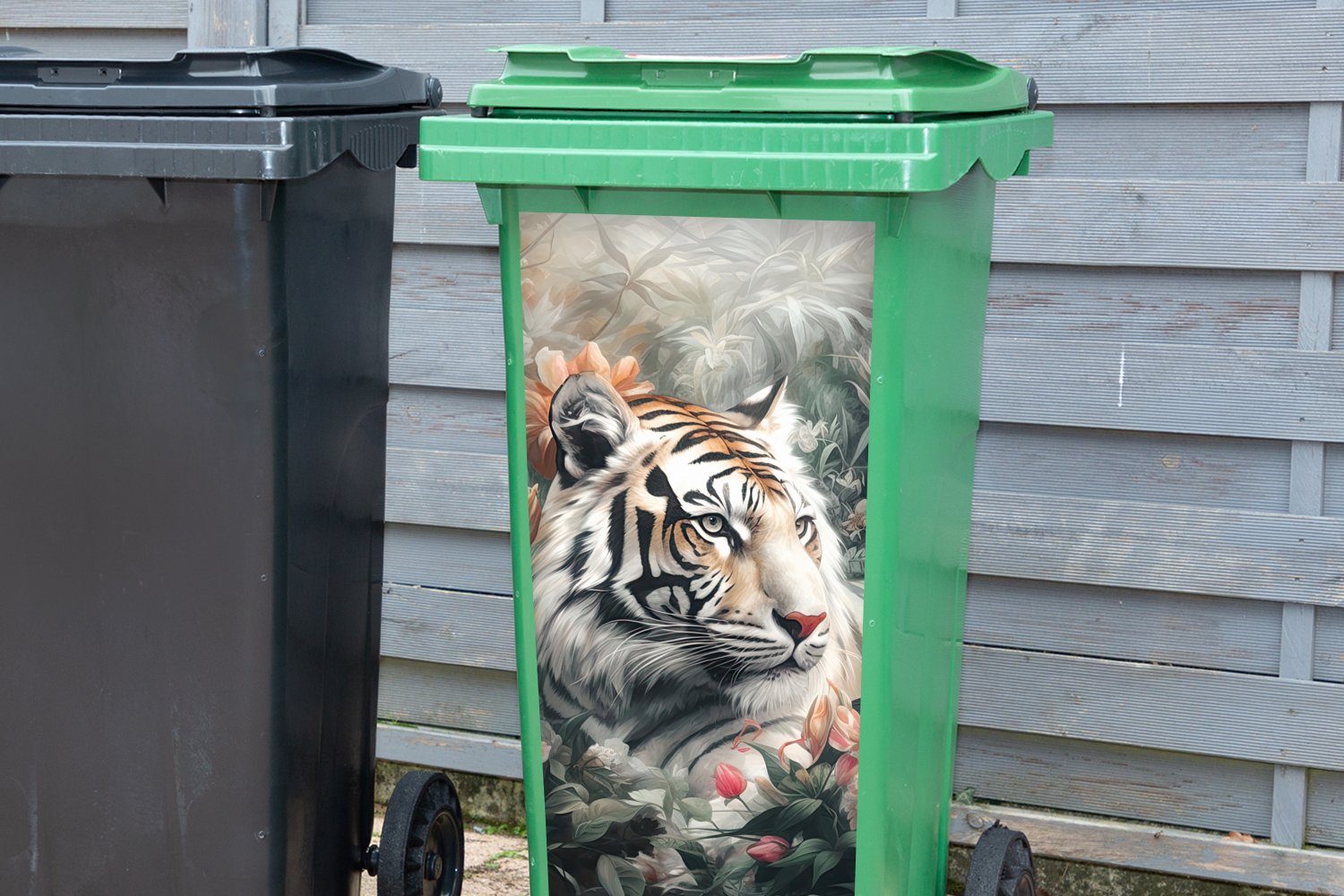 Blumen MuchoWow Abfalbehälter - - Mülleimer-aufkleber, St), Wildtiere - Tiger Sticker, (1 Mülltonne, Container, Dschungel Wandsticker