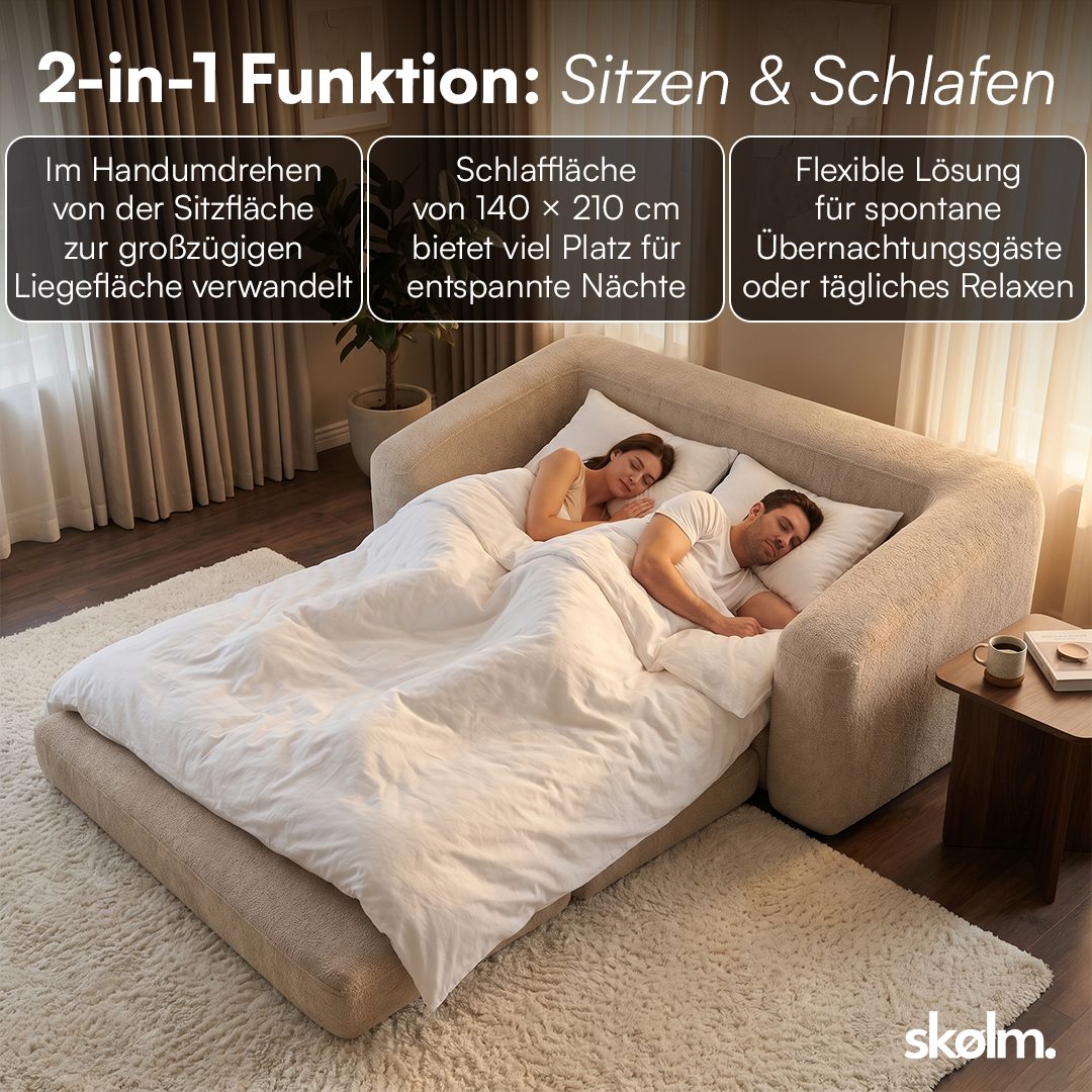 skølm Schlafsofa & Schlafsessel Fjäll mit Kissen, ohne Aufbau, vakuumverpackt, beige, Klappsofa 182x100x70 cm, Teddy-Bouclé Schlafcouch – Bild 5 von 5