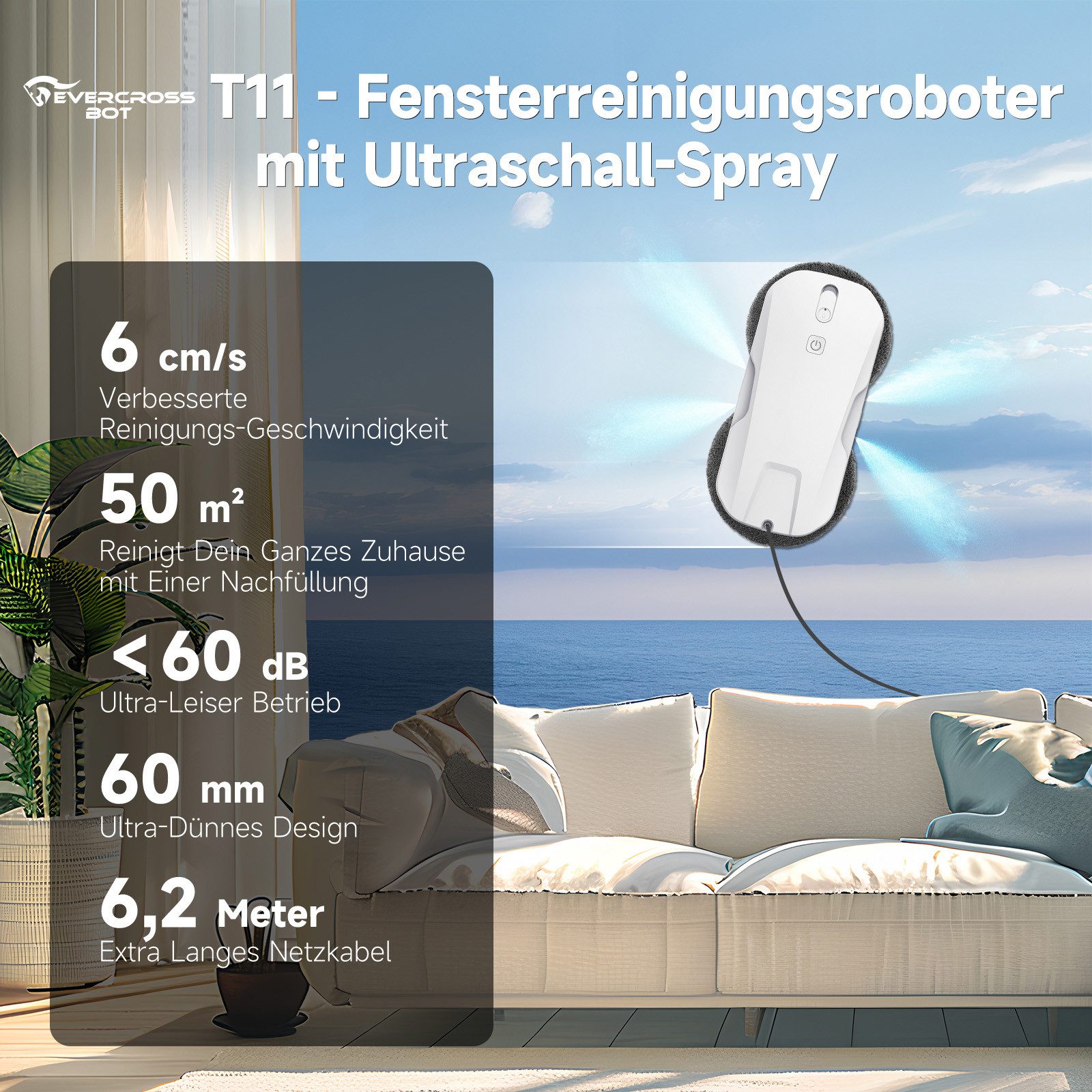 EVERCROSS BOT Fensterputzroboter mit automatischer 4-Wege-Sprühfunktion, 5300 Pa starker Saugkraft, (Absturzsicherung & 50 Minuten UPS-Notstromschutz) Intellige – Bild 2 von 5