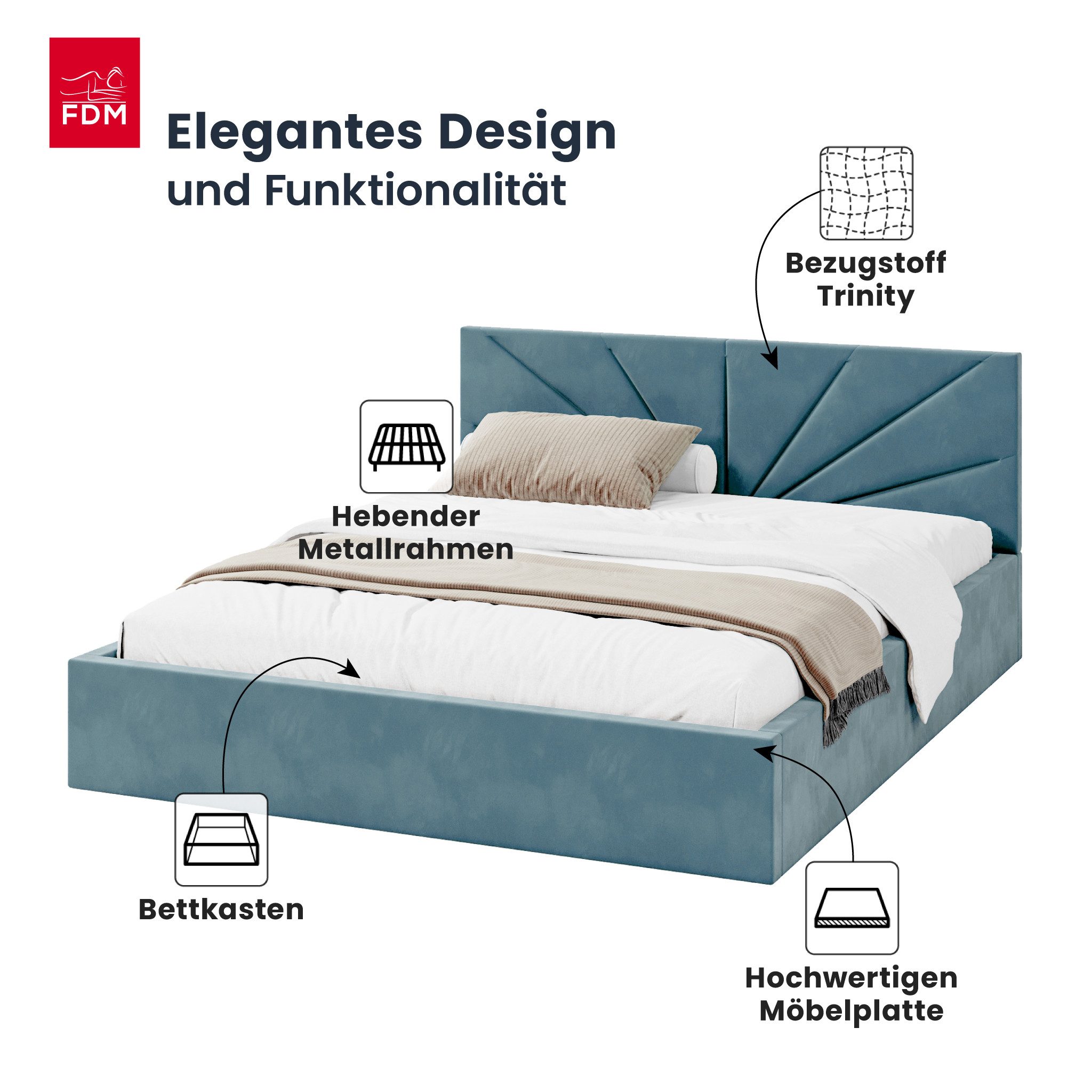 FDM Polsterbett SUNSET Bettgestell MADE IN EU - mit hochwertigem Velours Bezug (verfügbar 90x200 120x200 140x200 160x200 180x200cm, Bettrahmen, Bett, mit großen gepolsterten Kopfteil, mit Bettkasten zum aufklappen), Hebbarer Metallrahmen, Bettkasten, ohne Matratze
