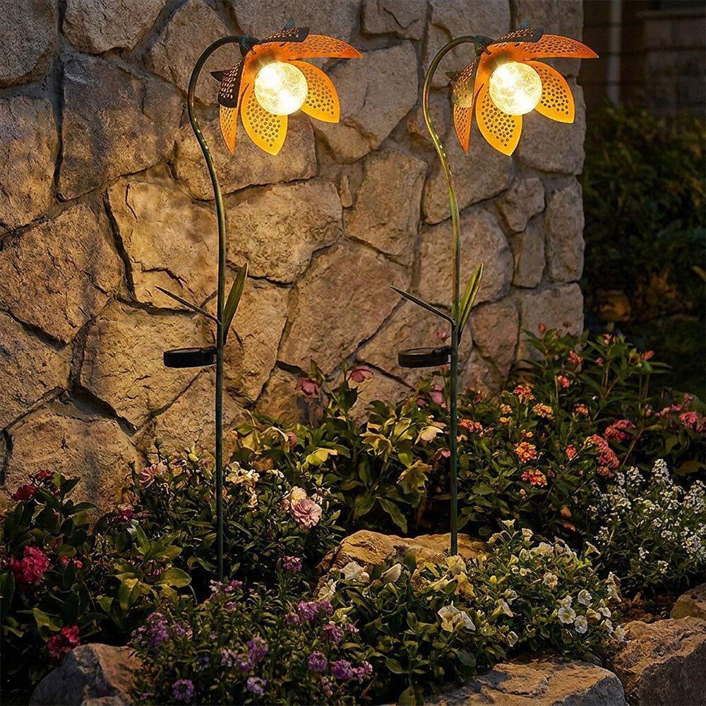 GLOBO LIGHTING LED Solarleuchte, LED-Leuchtmittel fest verbaut, Tageslichtweiß, Solarleuchte Stecklampe Außenleuchte LED Crackle-Glas Blume Garten 2x