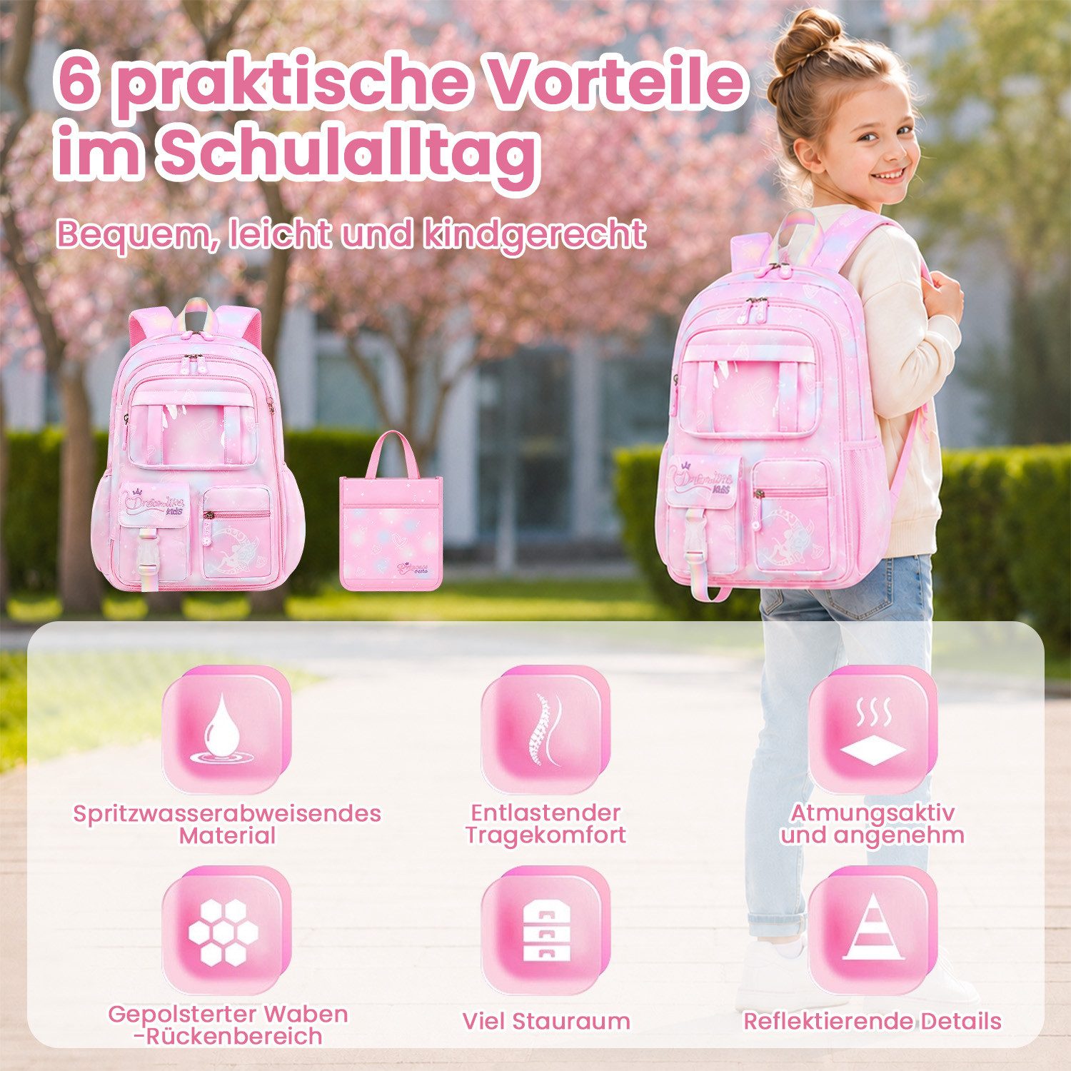 MOPUEA Schulrucksack Schulrucksack Set 2tlg Schultasche Seitlich Öffnend Viel Stauraum – Bild 3 von 5