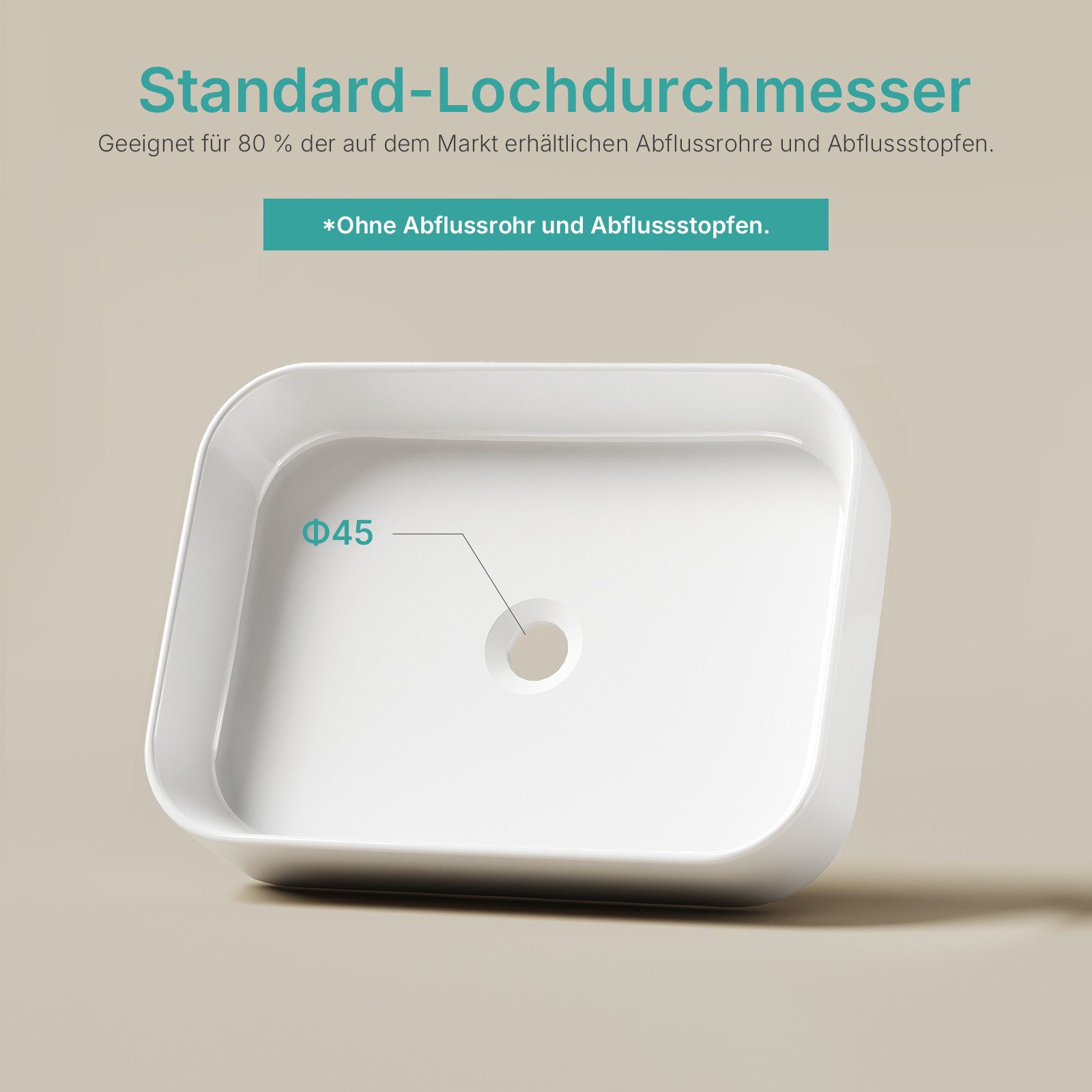 EMKE Aufsatzwaschbecken Keramik Aufsatzwaschbecken 50,5×37 cm rechteckig ohne Hahnloch