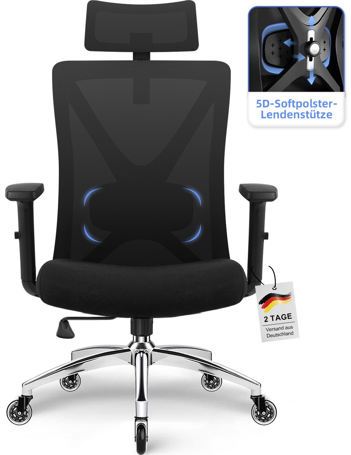 Hiazurm Bürostuhl Bürostuhl, Chefsessel, Ergonomischer Schreibtischstuhl, Computerstuhl (Verstellbare 5D gepolsterte Lendenwirbelstütze, Wippfunktion bis 135°,geräuscharmen Rollen, höhenverstellbar), Atmungsaktiver Netzbezug,Bis 200 kg