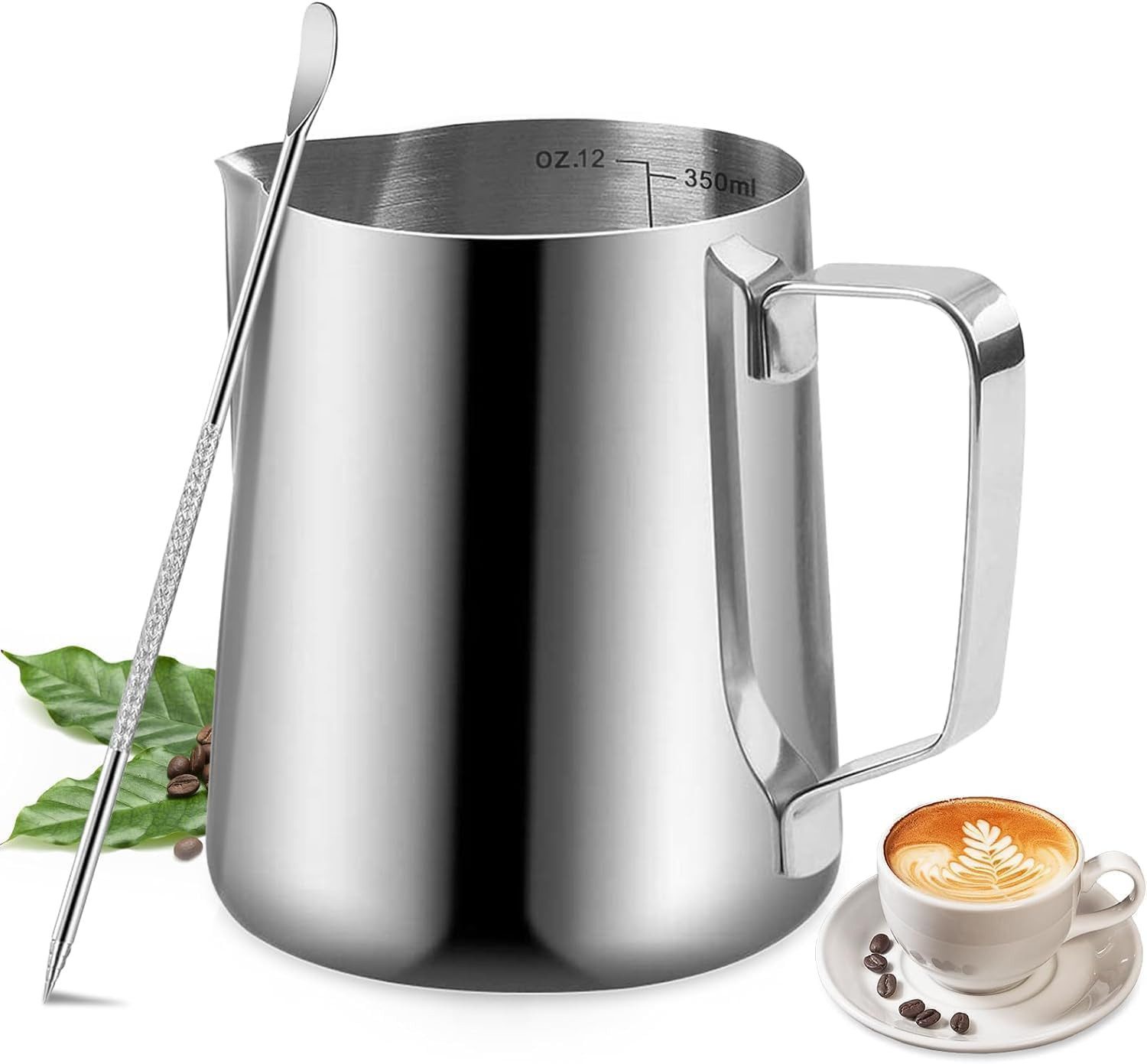 FELIXLEO Milchkännchen 350ml Milchkännchen Edelstahl, Barista Milchkanne mit Deko-Stift, (1-St)