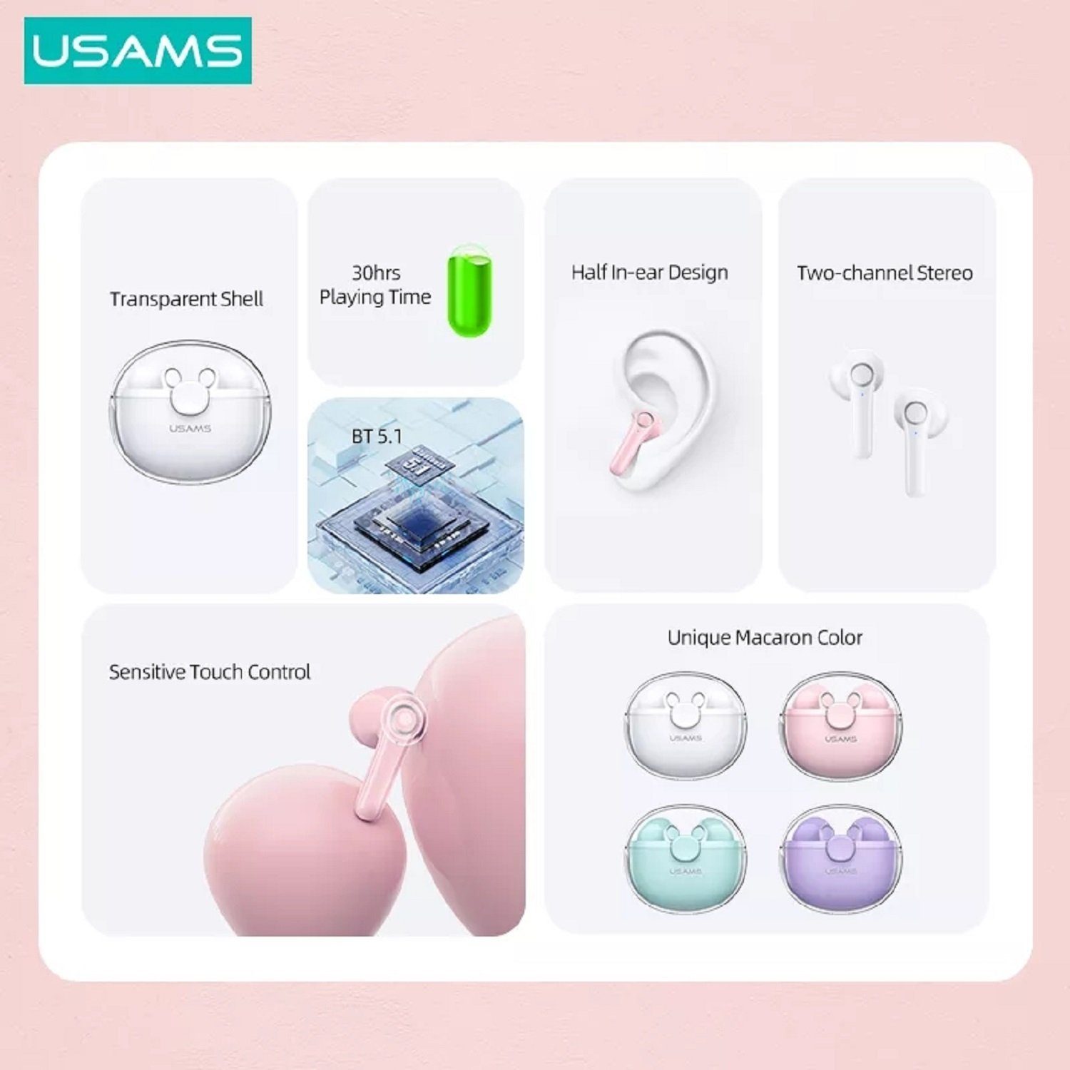 USAMS BU12 TWS Lila BT Mikrofon Ohrhörer 5.1, (Bluetooth Control, LG Samsung, Huawei, Kabellos Apple, In-Ear für Ladebox Bluetooth, usw) Touch Smartphome, 5.1 mit Bluetooth-Kopfhörer