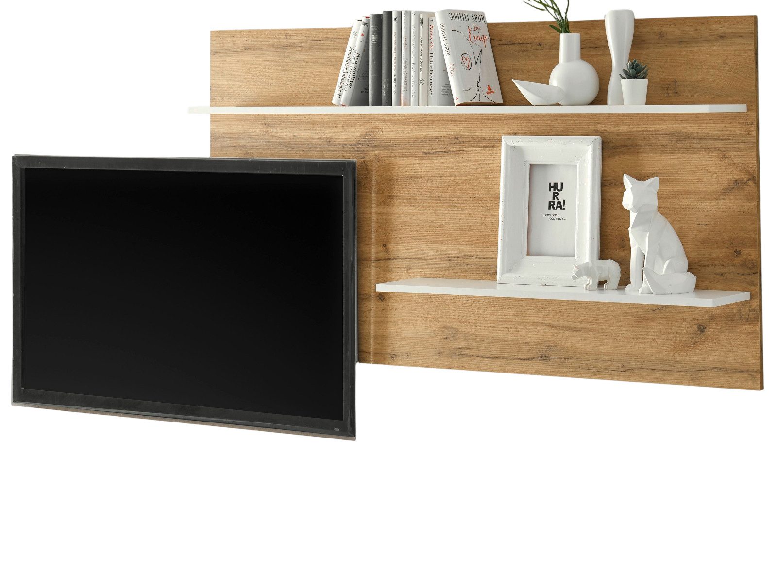 Furn.Design Wandregal Center, Wandpaneel in Eiche Wotan und weiß matt, 2 variablen Regalböden