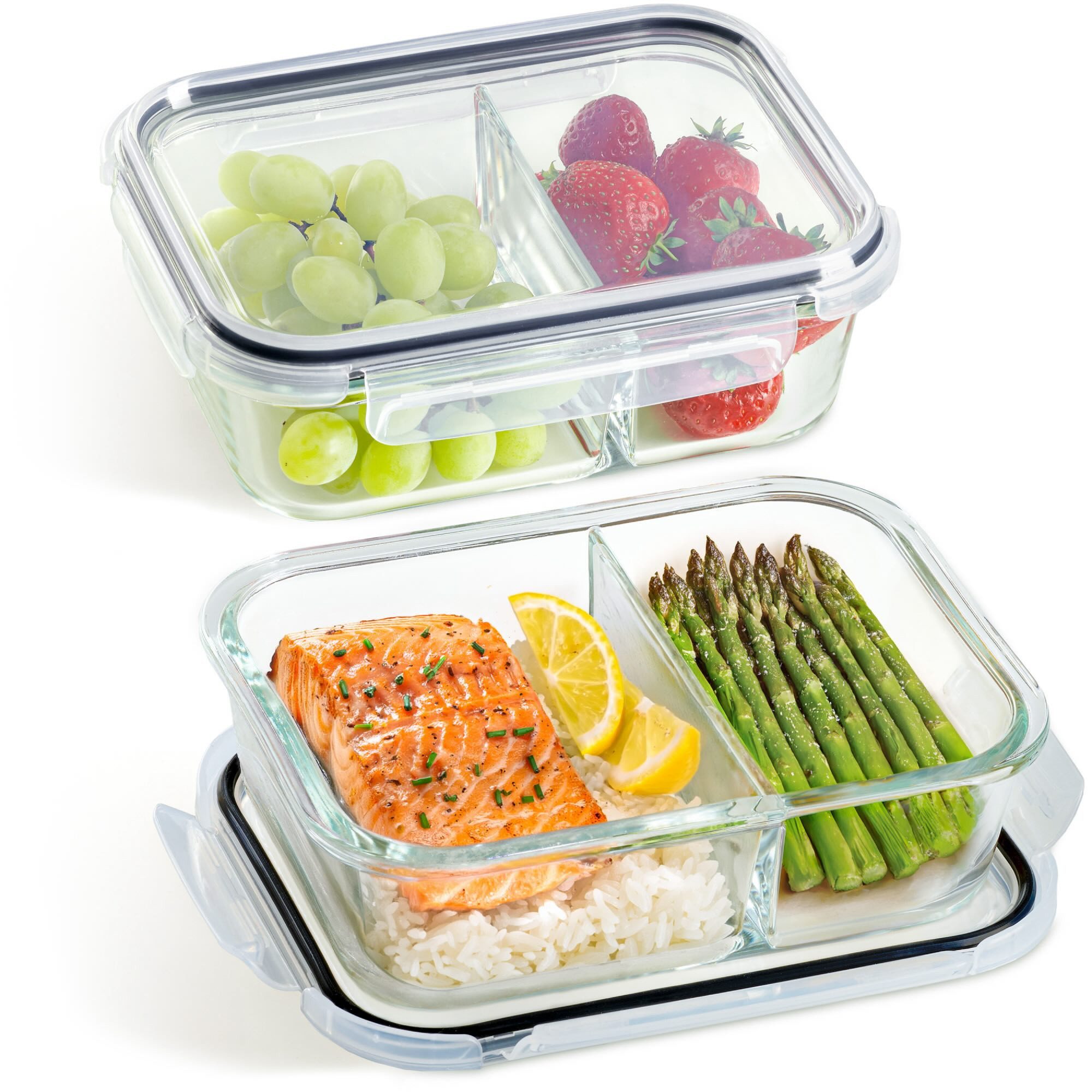 Praknu Lunchbox Meal Prep Boxen Glas 2 Fächer - 2er Set Glass Meal Prep Containers 1l, Borosilikatglas mit BPA-freiem Kunststoffdeckel und Silikon, (Set), 1000 ml Glasbehälter Ofenfest - Bento Box Zum Einfrieren - Tupper
