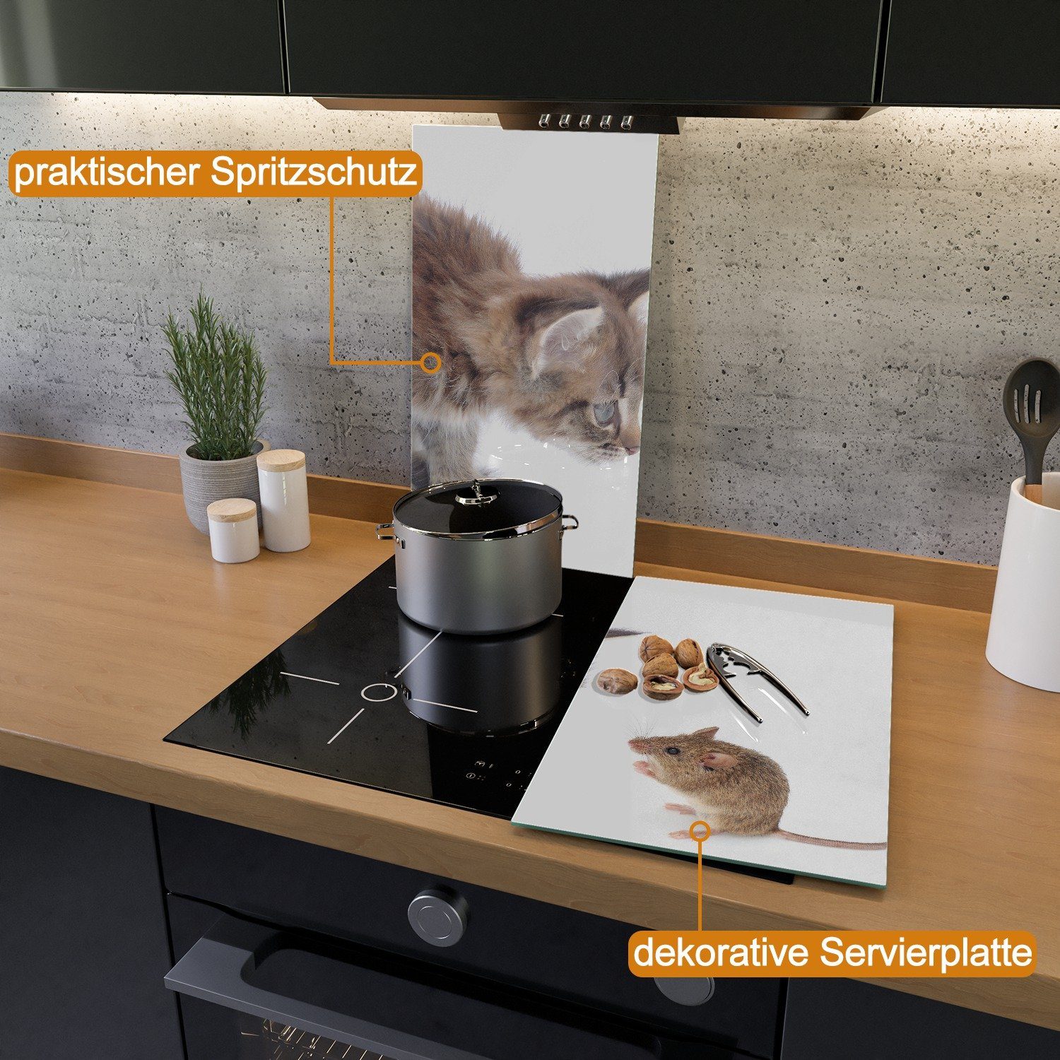 5mm Hintergrund, Herd-Abdeckplatte ESG-Sicherheitsglas, verschiedene und beim tlg., - Wallario Spielen Katze Größen Maus (Glasplatte, weißer 2 Noppen), inkl.