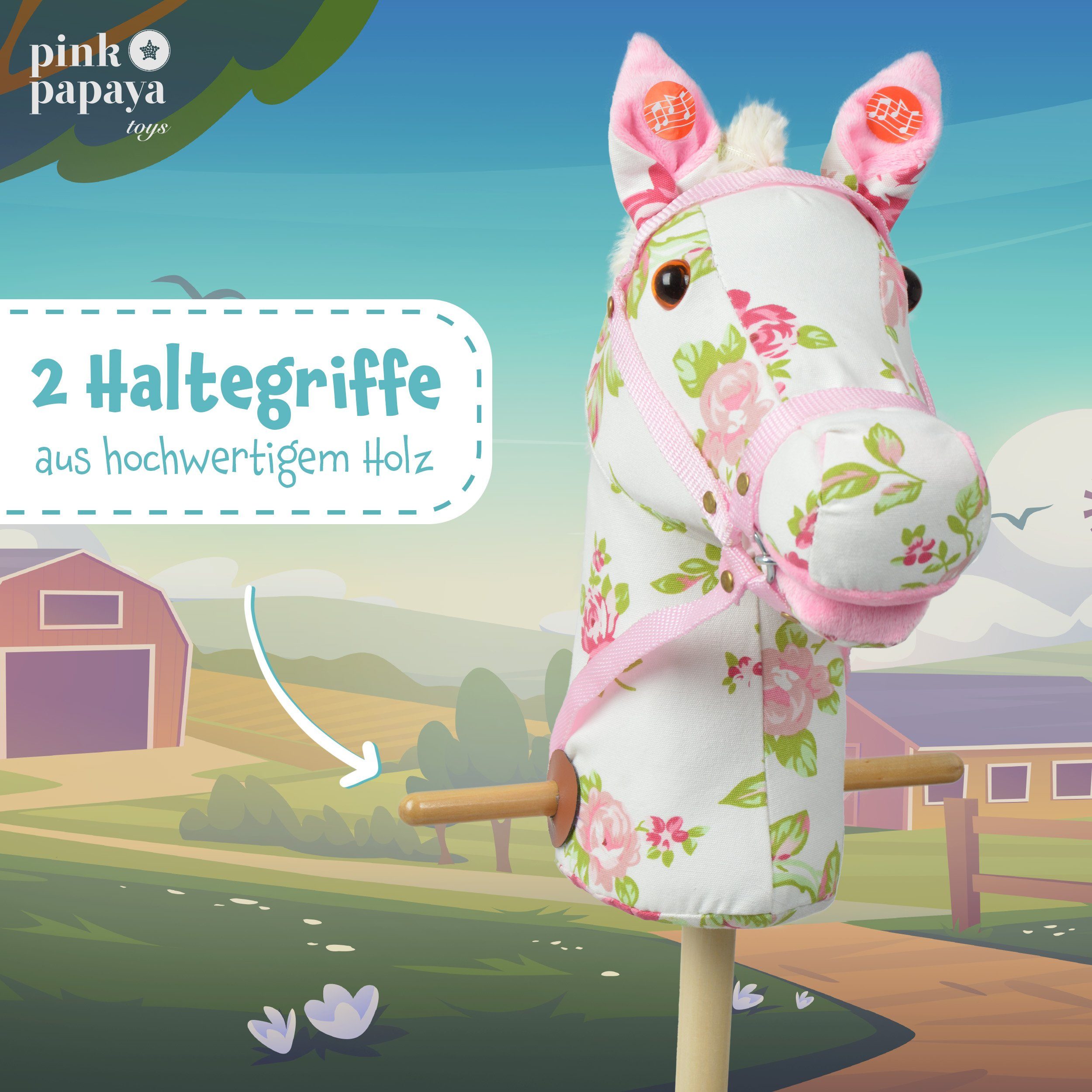 Pink Papaya Steckenpferd Steckenpferd, Hobby Horse mit Sounds, inkl. Halfter, mit Rollen