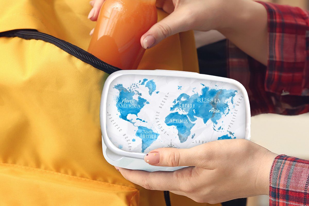 Lunchbox - (2-tlg), Brotbox für Kinder und Brotdose, Weltkarten und Erwachsene, Ölfarben, weiß Mädchen für Kunststoff, MuchoWow Jungs