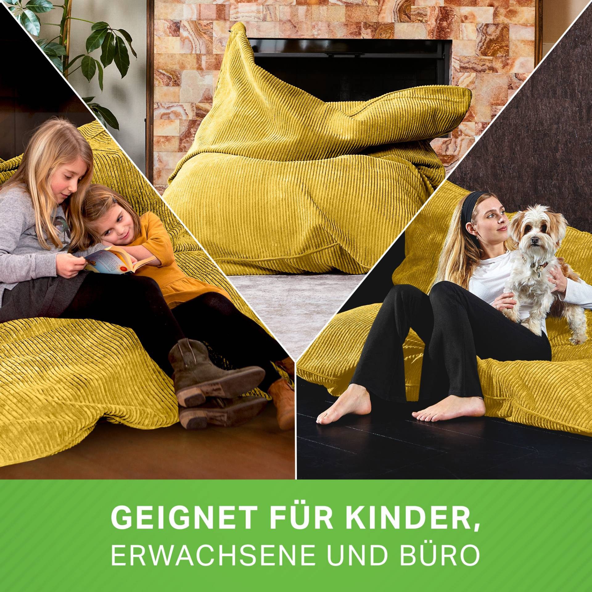 Green Bean Sitzsack XXL Riesen Sitzsack Square aus Cord (XXL aus Cordstoff 370 Liter mit EPS-Perlen Füllung, Kuschelig Weich Waschbar), Sitzkissen Lounge Chair Relax-Sessel Kinder Erwachsene