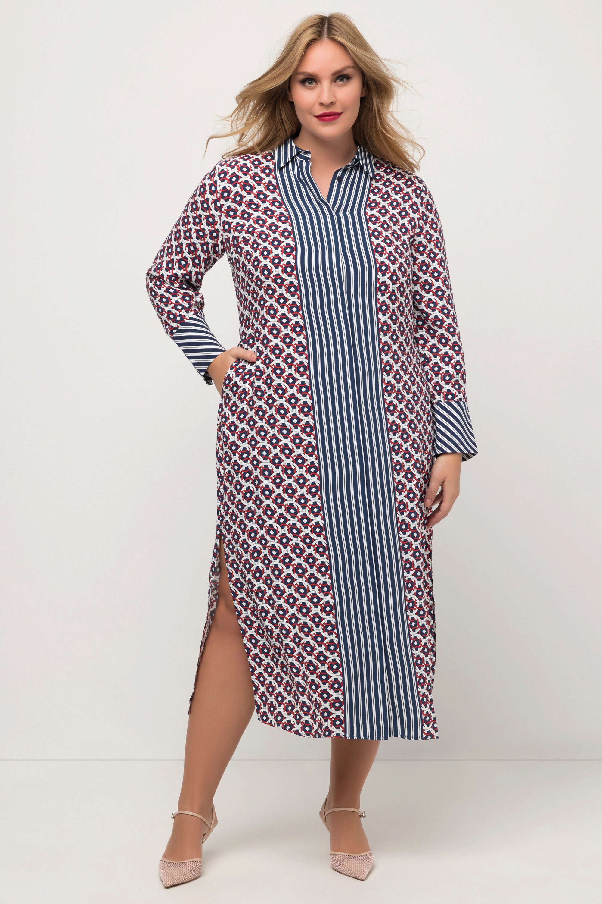 Maxikleid Kleid Grafik-Design Hemdkragen Langarm