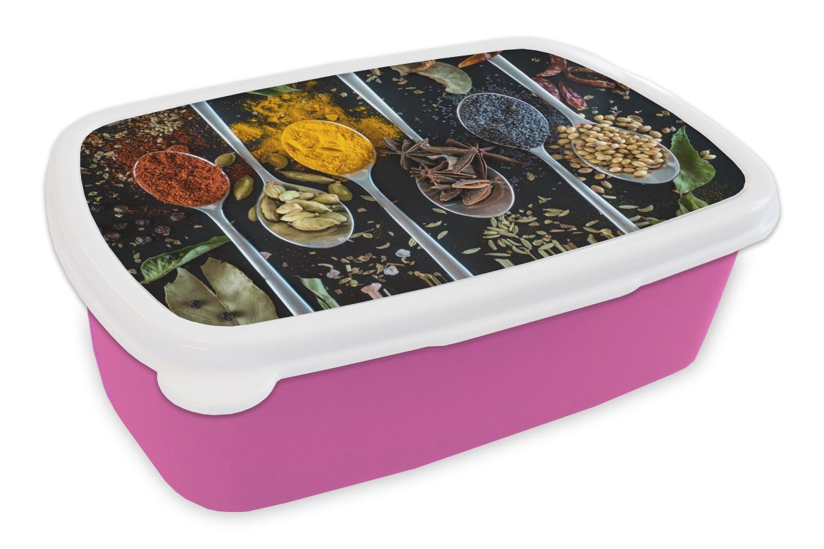 MuchoWow Lunchbox Kräuter in Löffeln auf einem Hintergrund mit Kräutern, Kunststoff, (2-tlg), Brotbox für Erwachsene, Brotdose Kinder, Snackbox, Mädchen, Kunststoff rosa