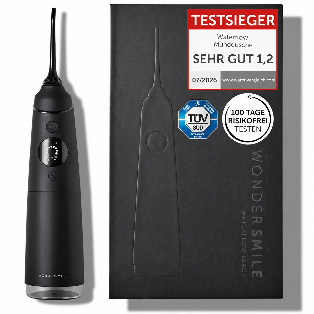 Wondersmile Munddusche Testsieger 2026 - 100 Tage risikofrei testen - SmoothFlow-Technologie, Aufsätze: 1 St., Inteligentes OLED Display